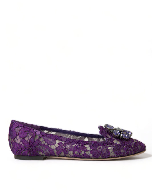 Dolce & Gabbana Purple Vally Taormina Lace Crystals Flats Shoes Curated Luxury Accessories by Orvyn