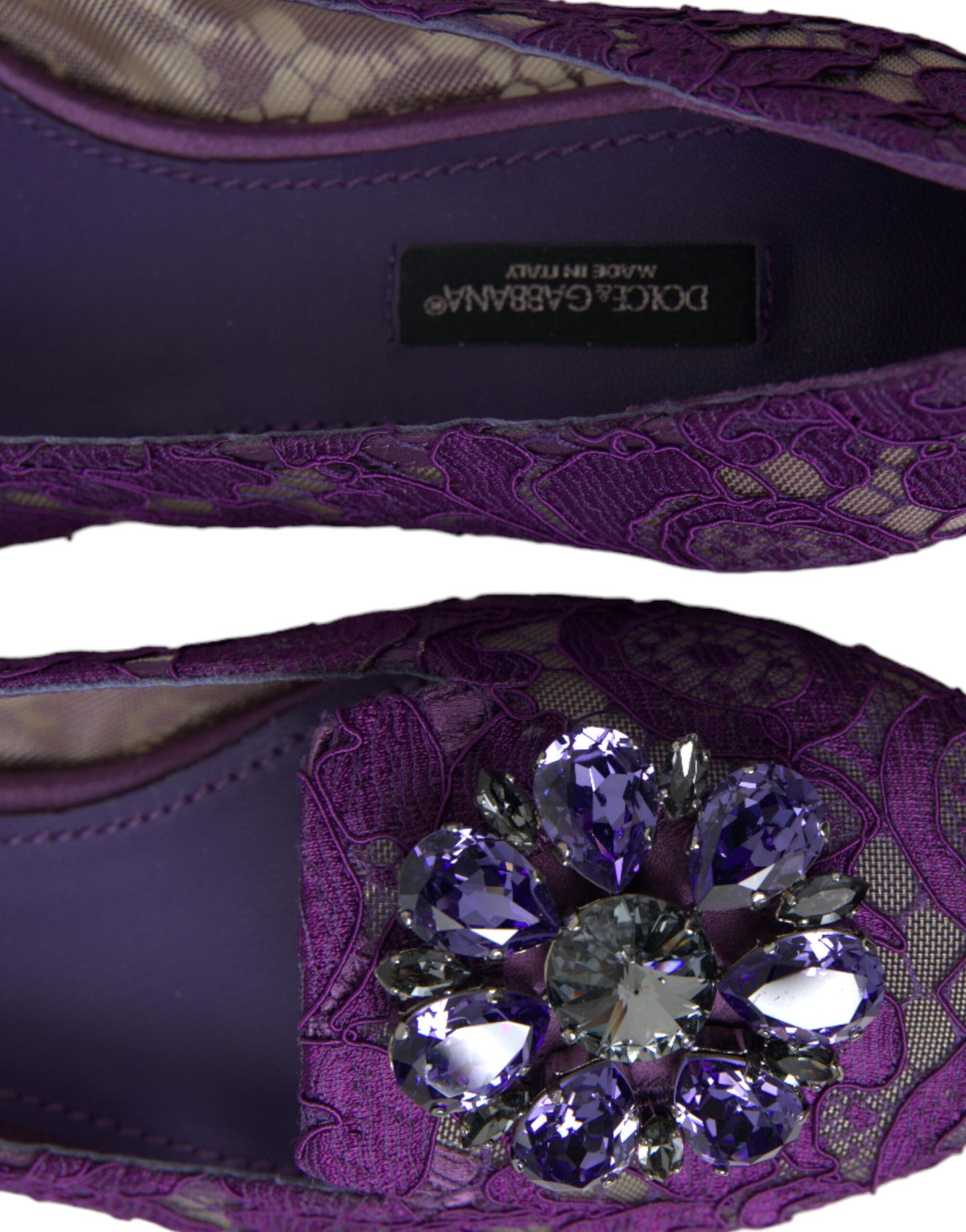 Dolce & Gabbana Purple Vally Taormina Lace Crystals Flats Shoes Curated Luxury Accessories by Orvyn