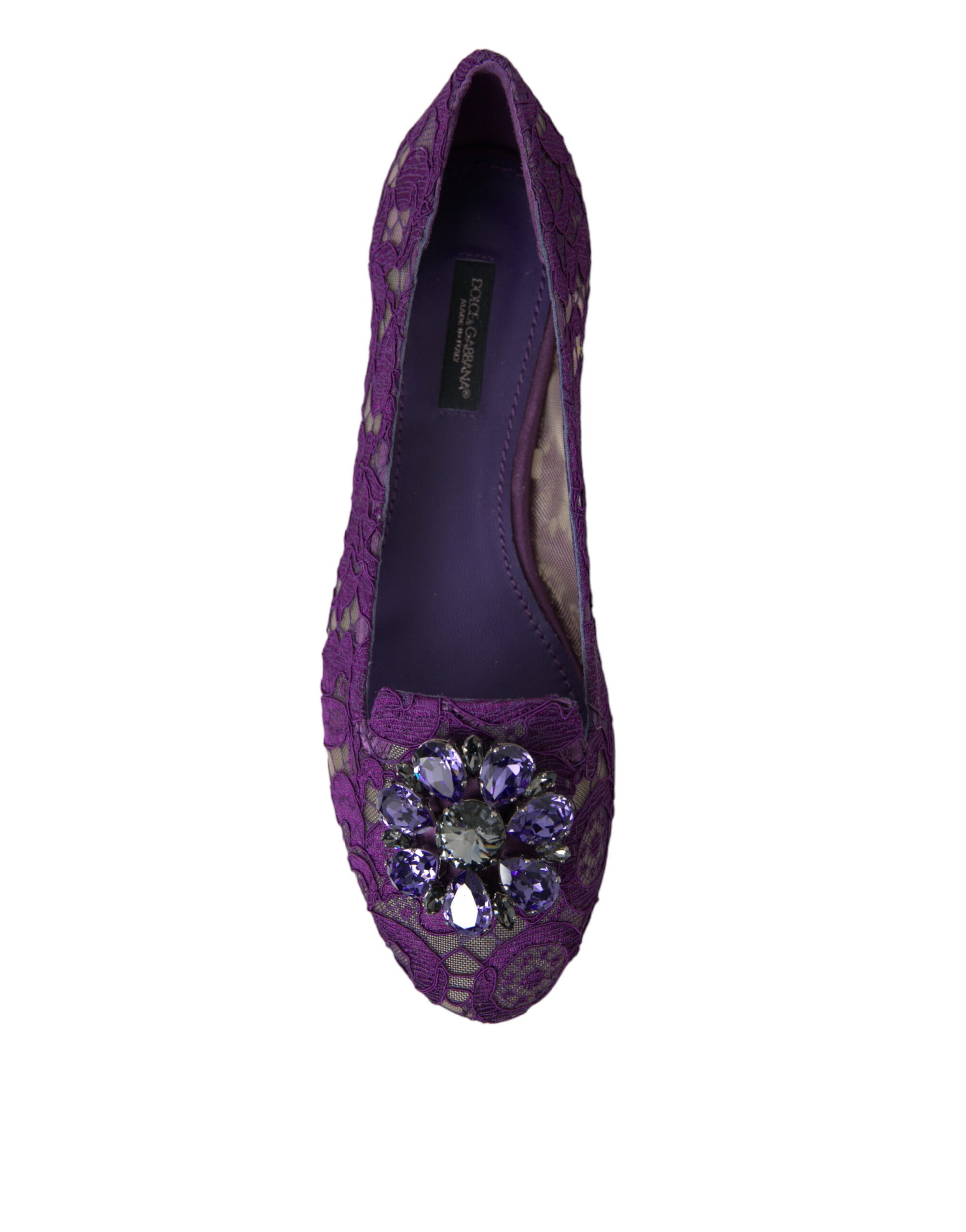 Dolce & Gabbana Purple Vally Taormina Lace Crystals Flats Shoes Curated Luxury Accessories by Orvyn