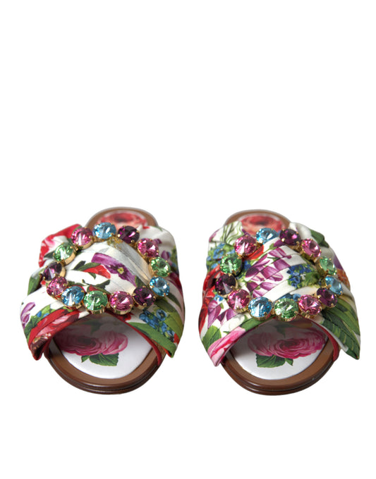 Dolce & Gabbana Multicolor Floral Flats Crystal Sandals Shoes Curated Luxury Accessories by Orvyn