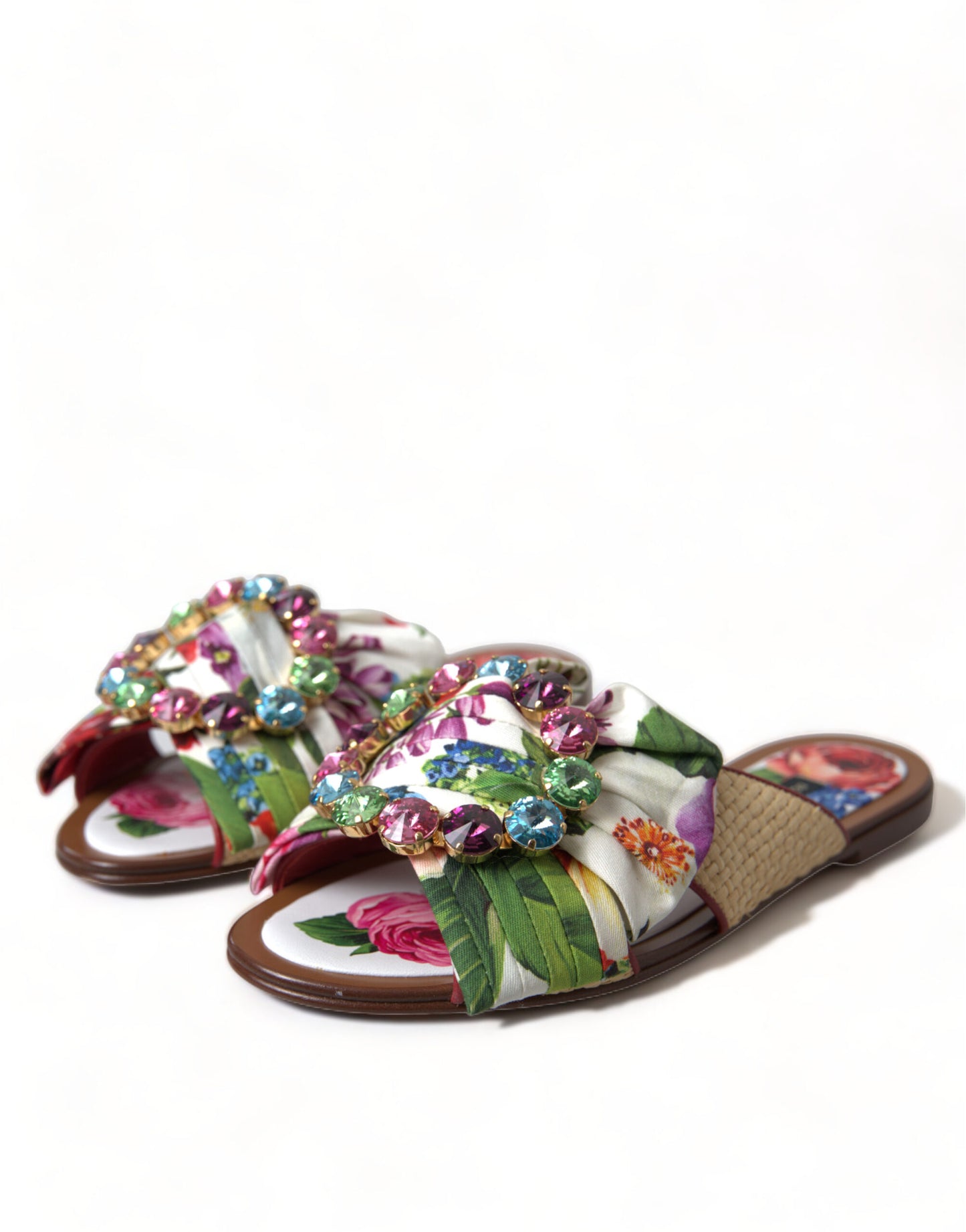 Dolce & Gabbana Multicolor Floral Flats Crystal Sandals Shoes Curated Luxury Accessories by Orvyn