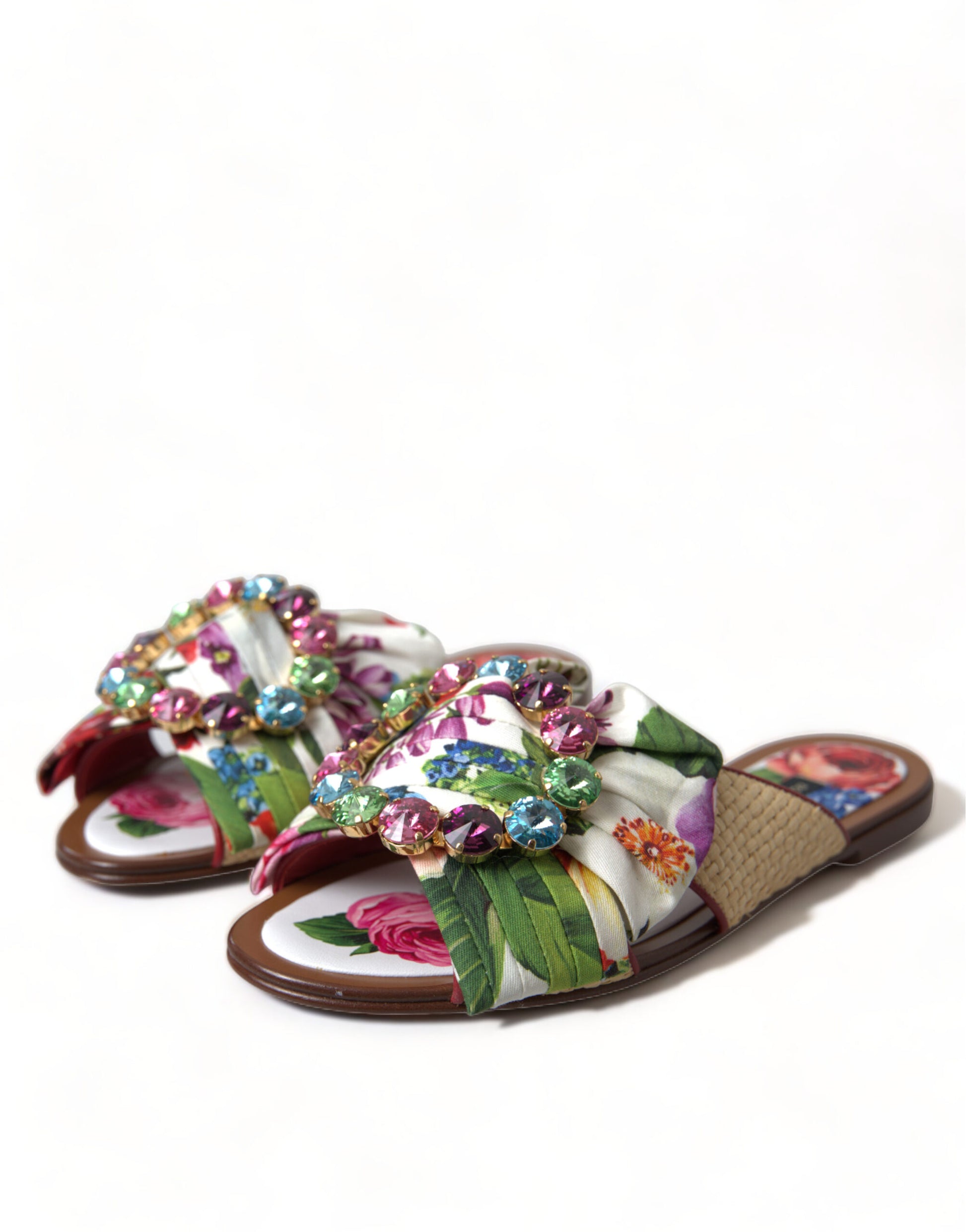 Dolce & Gabbana Multicolor Floral Flats Crystal Sandals Shoes Curated Luxury Accessories by Orvyn
