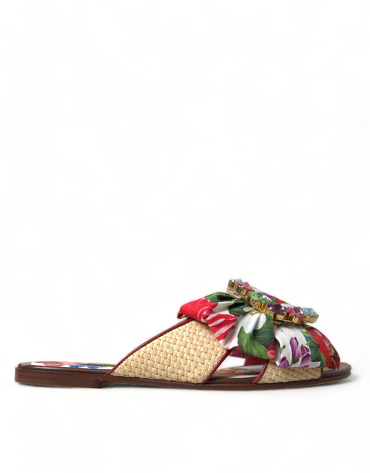 Dolce & Gabbana Multicolor Floral Flats Crystal Sandals Shoes Curated Luxury Accessories by Orvyn