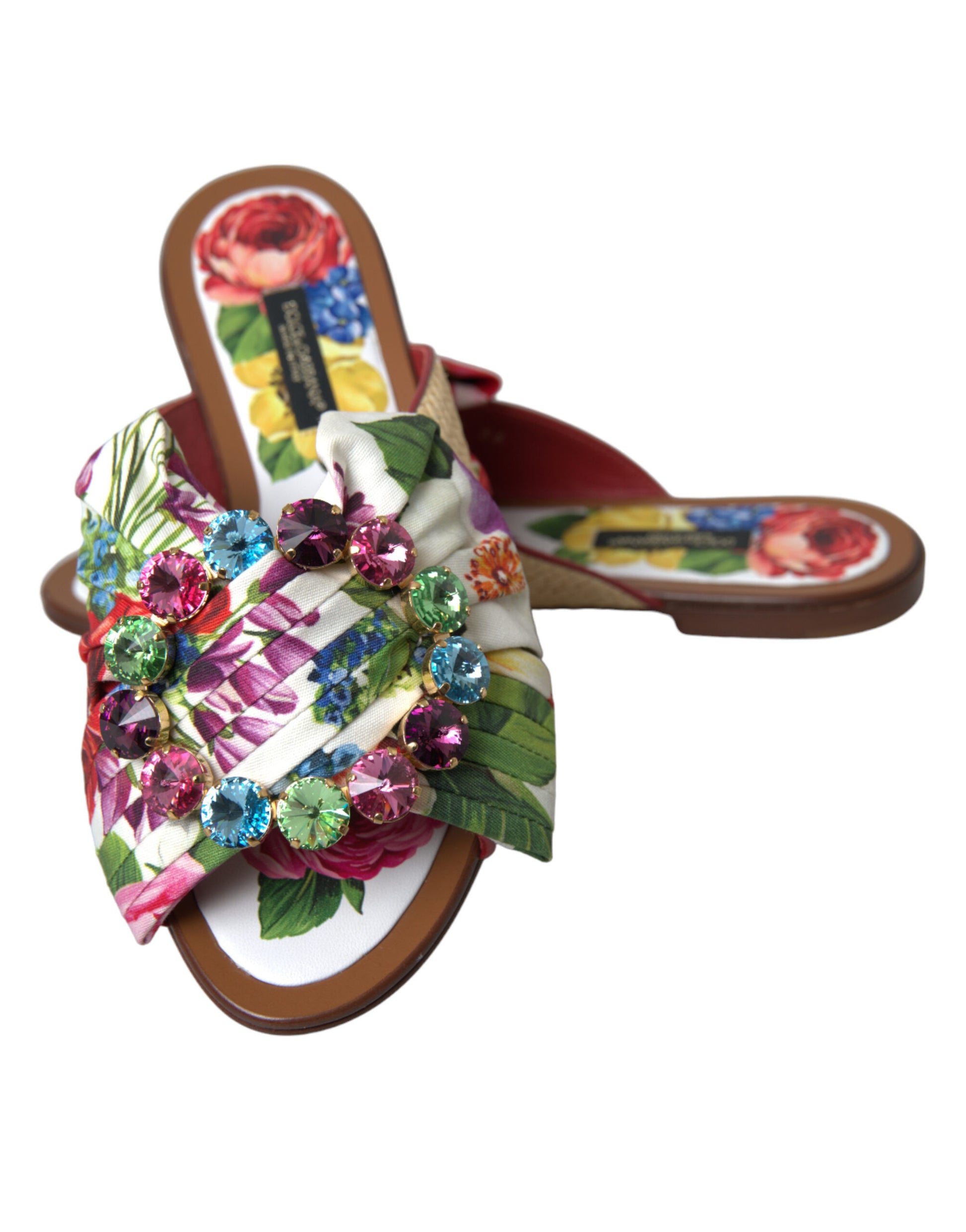 Dolce & Gabbana Multicolor Floral Flats Crystal Sandals Shoes Curated Luxury Accessories by Orvyn