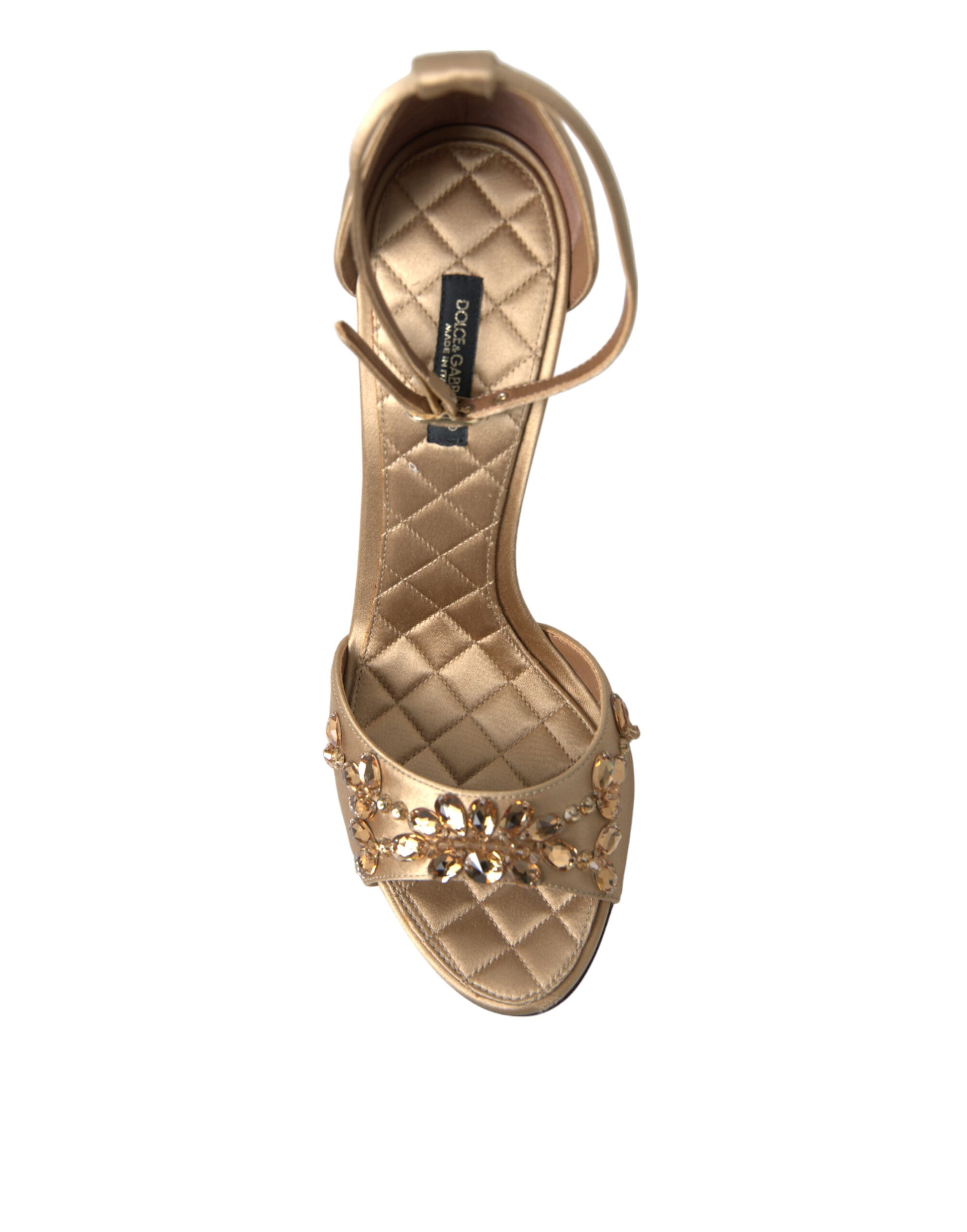Dolce & Gabbana Gold Satin Ankle Strap Crystal Sandals Shoes Curated Luxury Accessories by Orvyn
