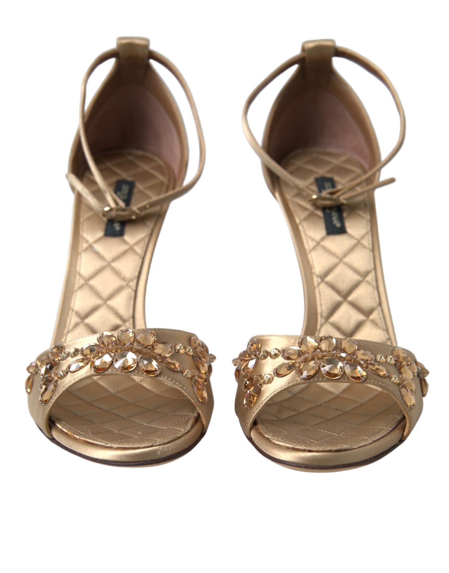 Dolce & Gabbana Gold Satin Ankle Strap Crystal Sandals Shoes Curated Luxury Accessories by Orvyn
