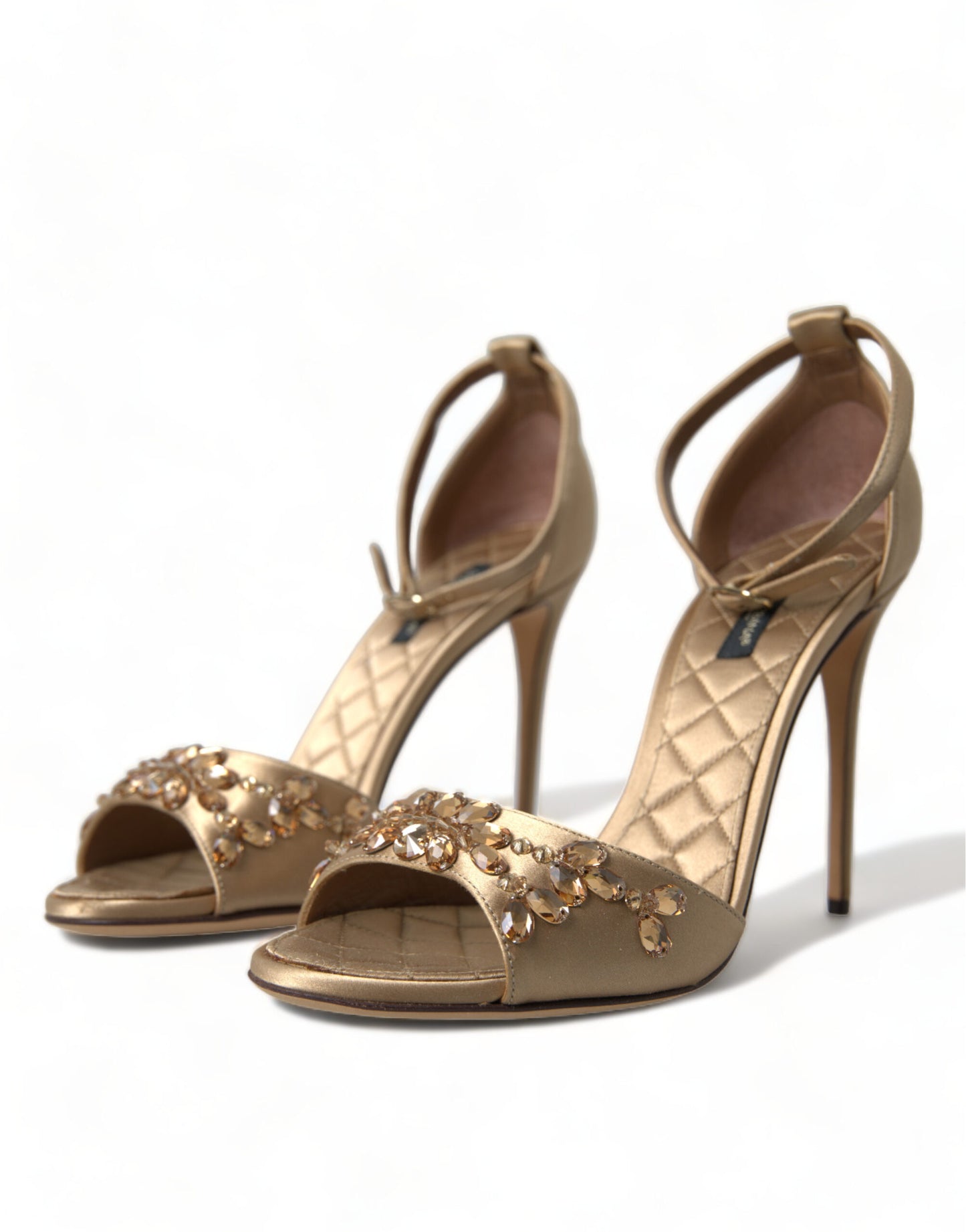Dolce & Gabbana Gold Satin Ankle Strap Crystal Sandals Shoes Curated Luxury Accessories by Orvyn