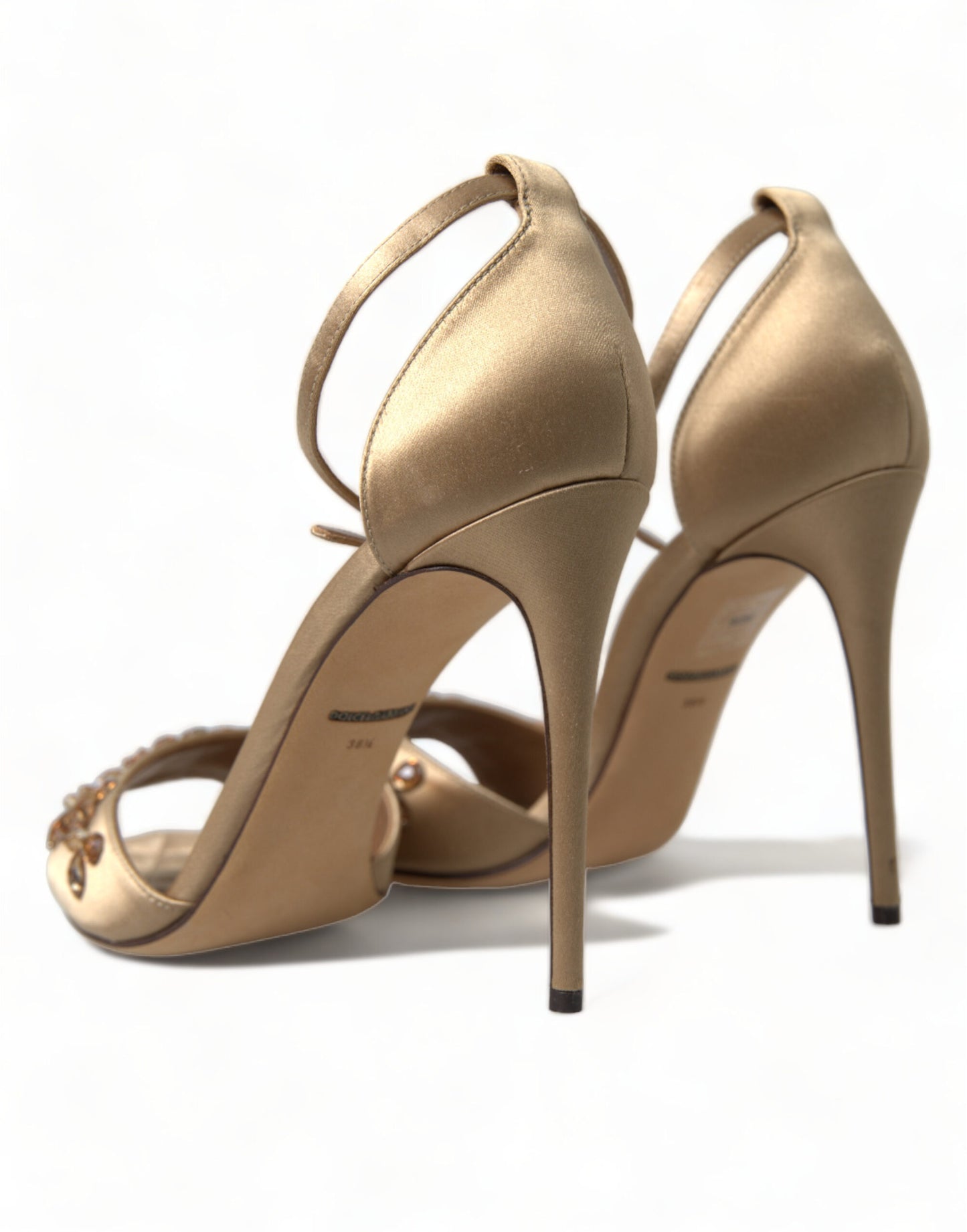 Dolce & Gabbana Gold Satin Ankle Strap Crystal Sandals Shoes Curated Luxury Accessories by Orvyn