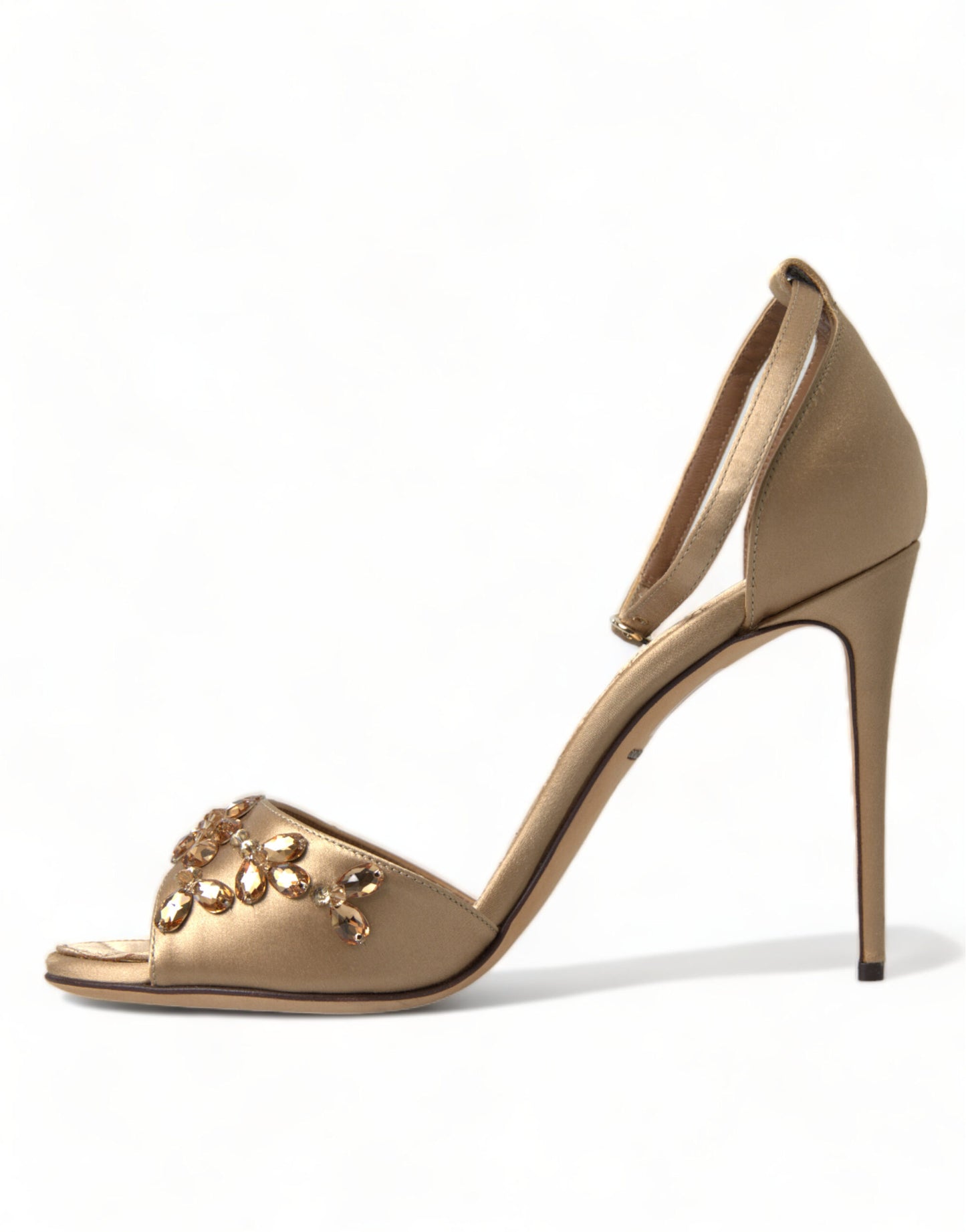 Dolce & Gabbana Gold Satin Ankle Strap Crystal Sandals Shoes Curated Luxury Accessories by Orvyn
