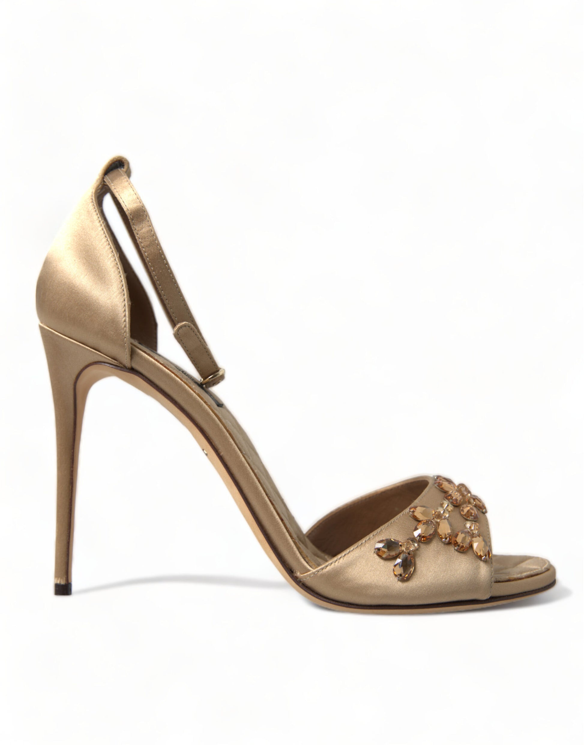 Dolce & Gabbana Gold Satin Ankle Strap Crystal Sandals Shoes Curated Luxury Accessories by Orvyn