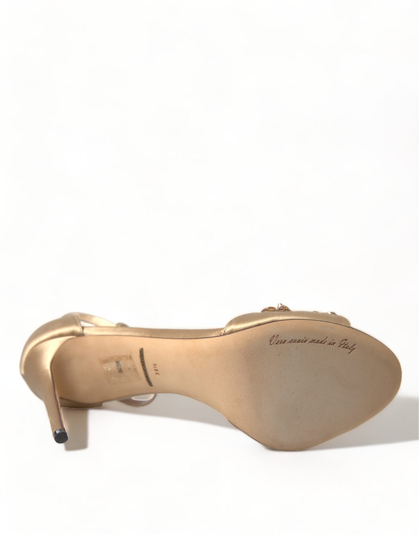 Dolce & Gabbana Gold Satin Ankle Strap Crystal Sandals Shoes Curated Luxury Accessories by Orvyn