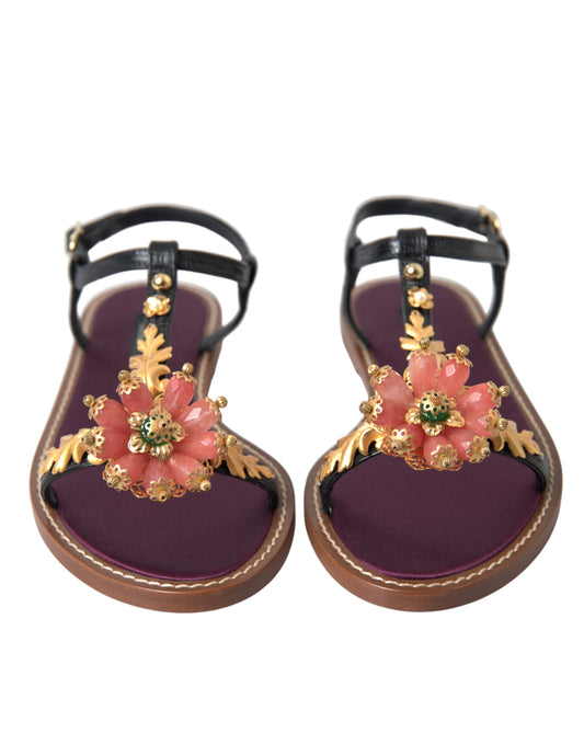Dolce & Gabbana Black Crystal Gold Sandals Leather Shoes Curated Luxury Accessories by Orvyn