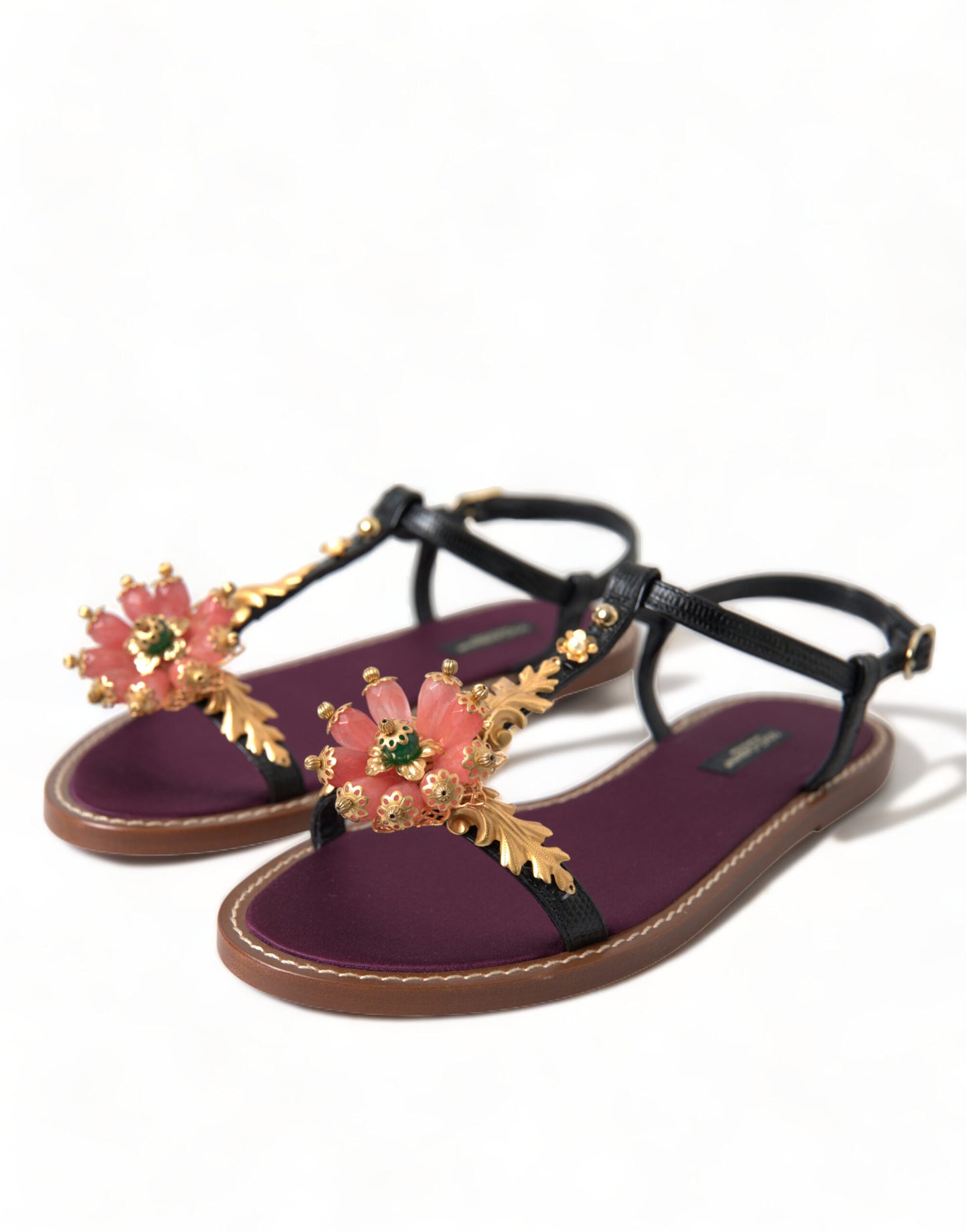 Dolce & Gabbana Black Crystal Gold Sandals Leather Shoes Curated Luxury Accessories by Orvyn