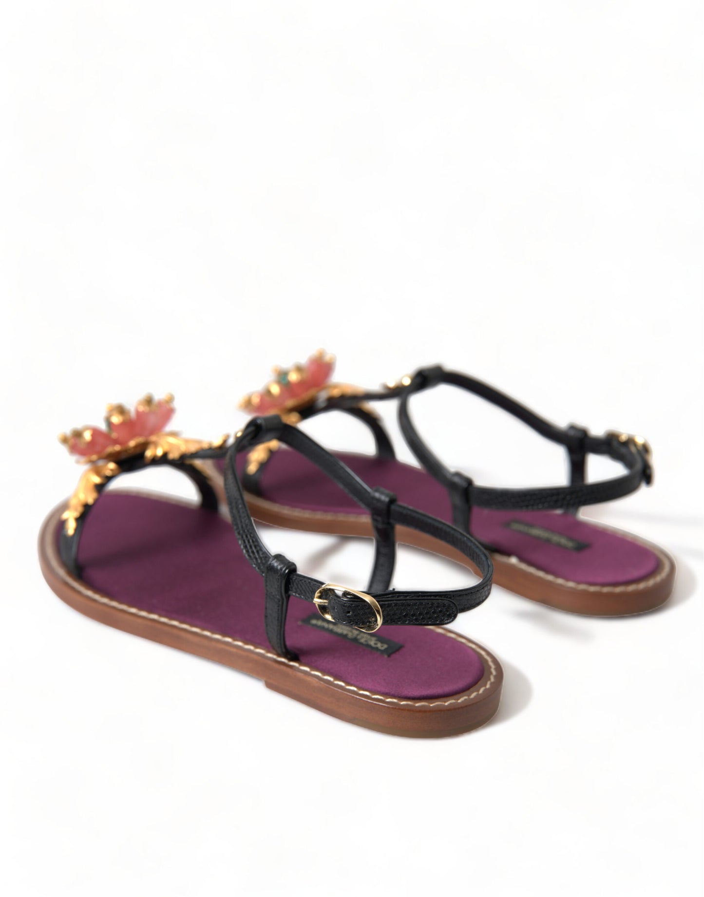 Dolce & Gabbana Black Crystal Gold Sandals Leather Shoes Curated Luxury Accessories by Orvyn