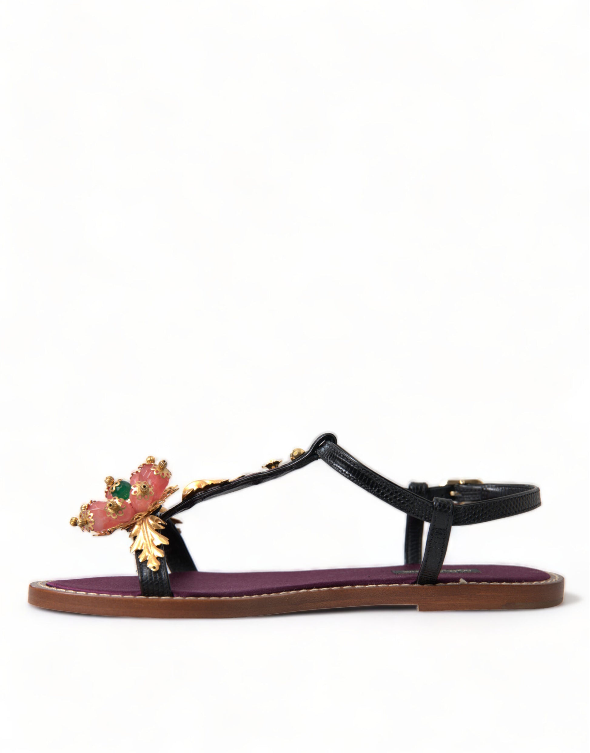 Dolce & Gabbana Black Crystal Gold Sandals Leather Shoes Curated Luxury Accessories by Orvyn