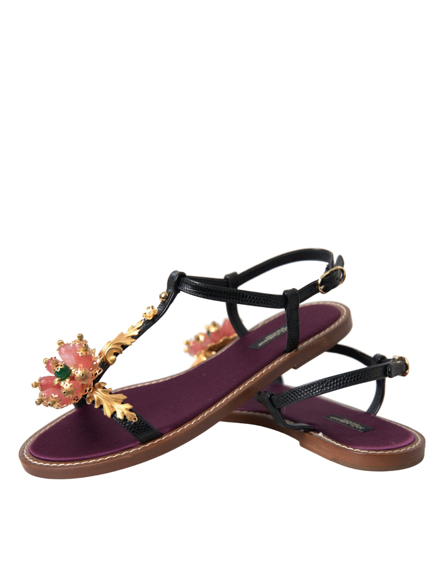 Dolce & Gabbana Black Crystal Gold Sandals Leather Shoes Curated Luxury Accessories by Orvyn