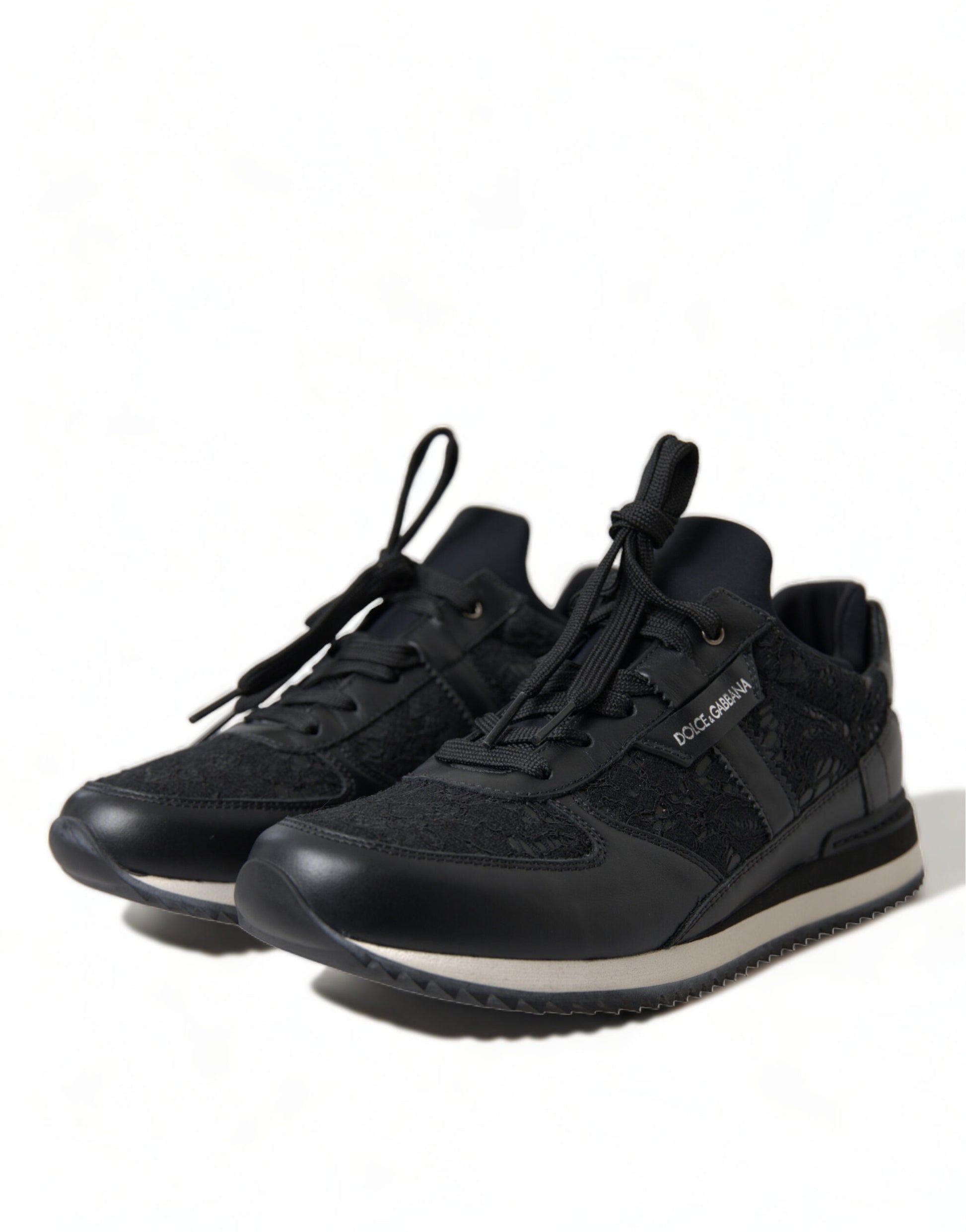 Dolce & Gabbana Black Floral Lace Leather Sneakers Shoes Curated Luxury Accessories by Orvyn
