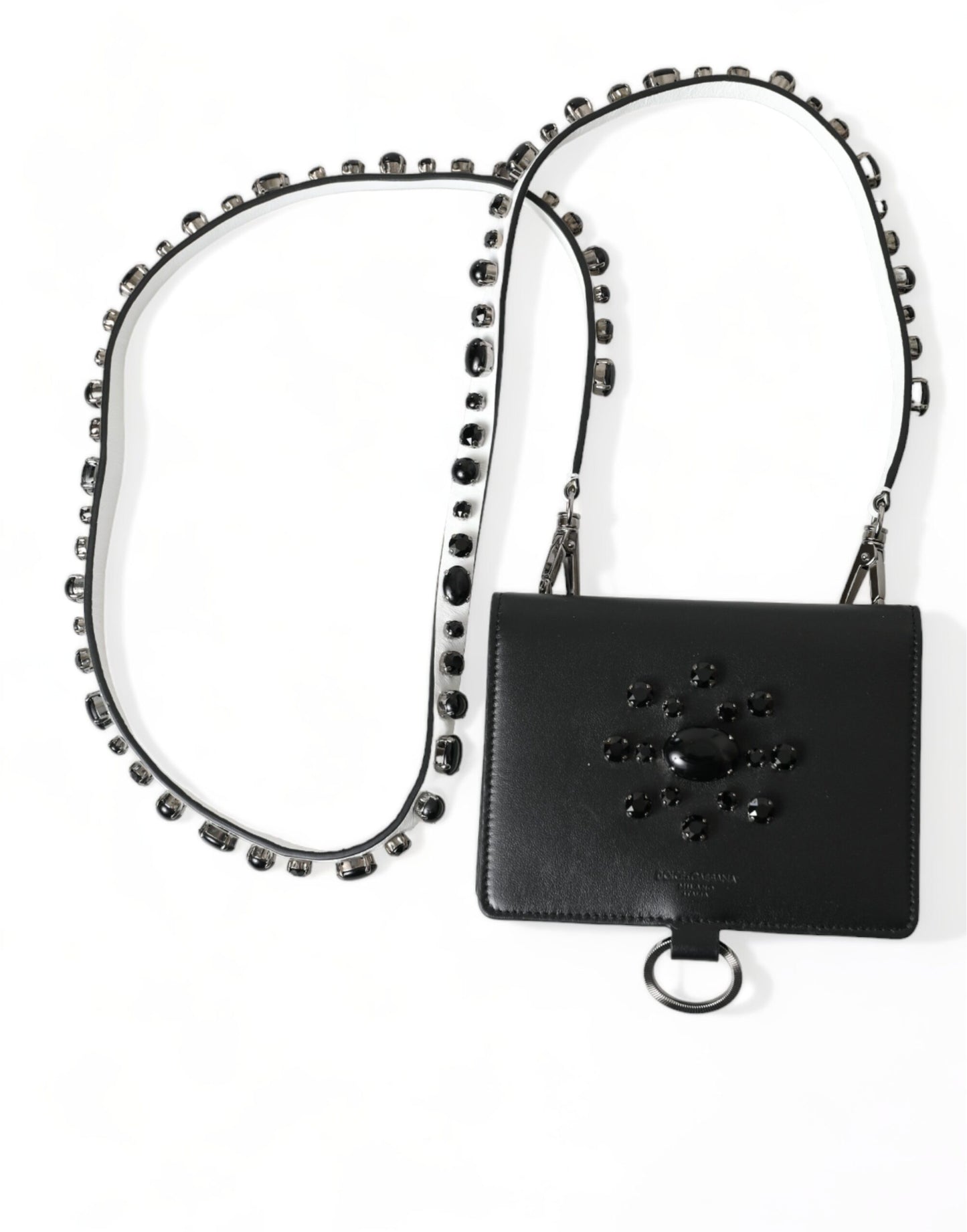 Dolce & Gabbana Black Leather Crystal Embellished Card Holder Wallet Curated Luxury Accessories by Orvyn