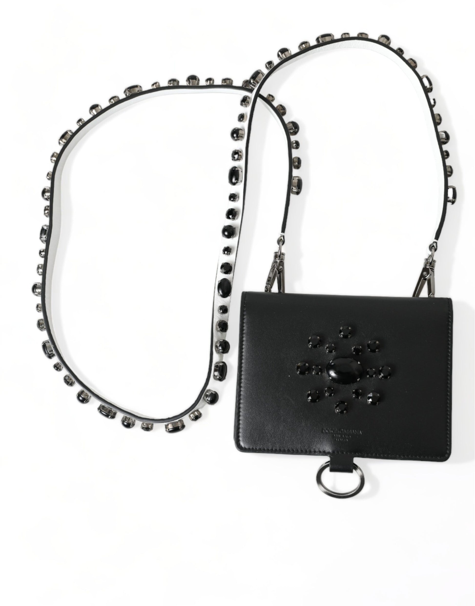 Dolce & Gabbana Black Leather Crystal Embellished Card Holder Wallet Curated Luxury Accessories by Orvyn