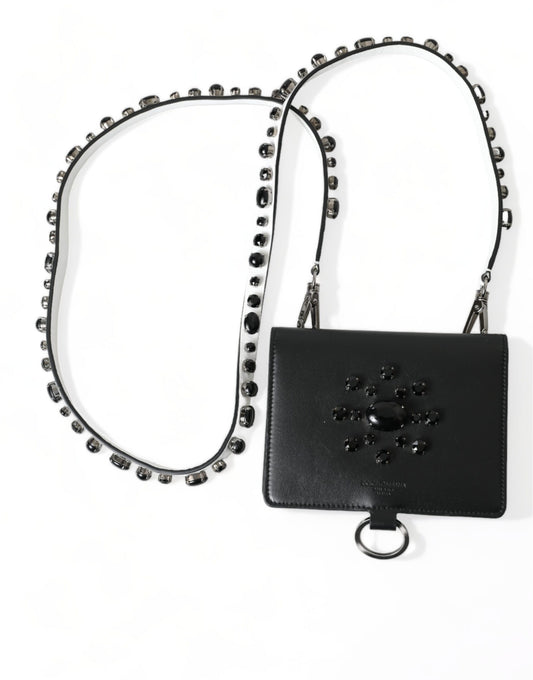 Dolce & Gabbana Black Leather Crystal Embellished Card Holder Wallet Curated Luxury Accessories by Orvyn