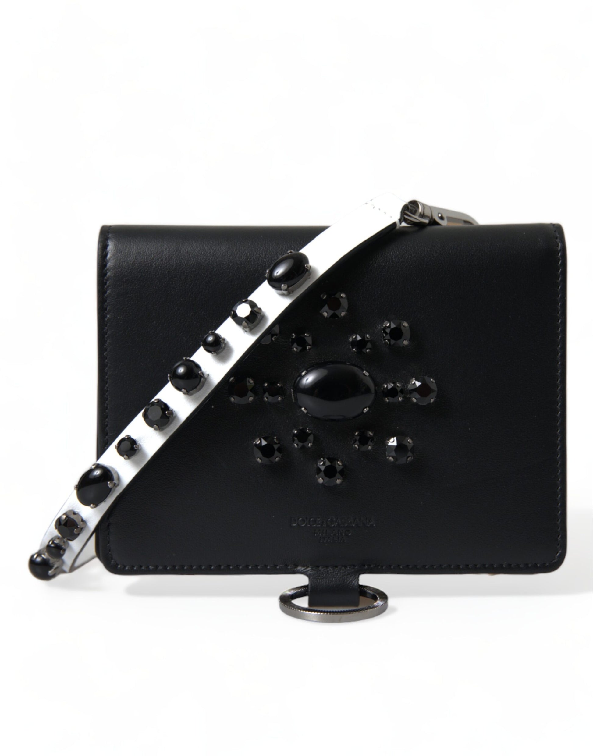 Dolce & Gabbana Black Leather Crystal Embellished Card Holder Wallet Curated Luxury Accessories by Orvyn