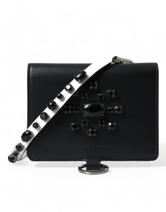 Dolce & Gabbana Black Leather Crystal Embellished Card Holder Wallet Curated Luxury Accessories by Orvyn