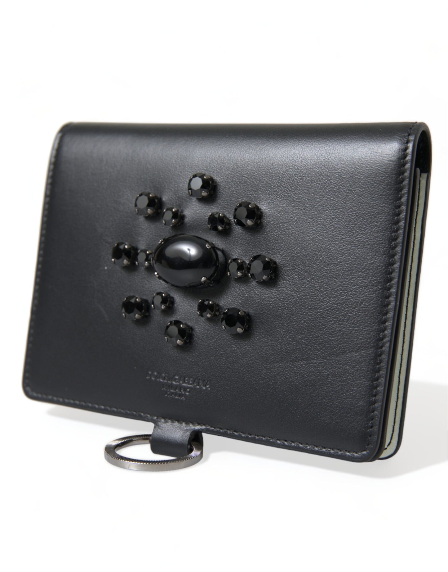 Dolce & Gabbana Black Leather Crystal Embellished Card Holder Wallet Curated Luxury Accessories by Orvyn