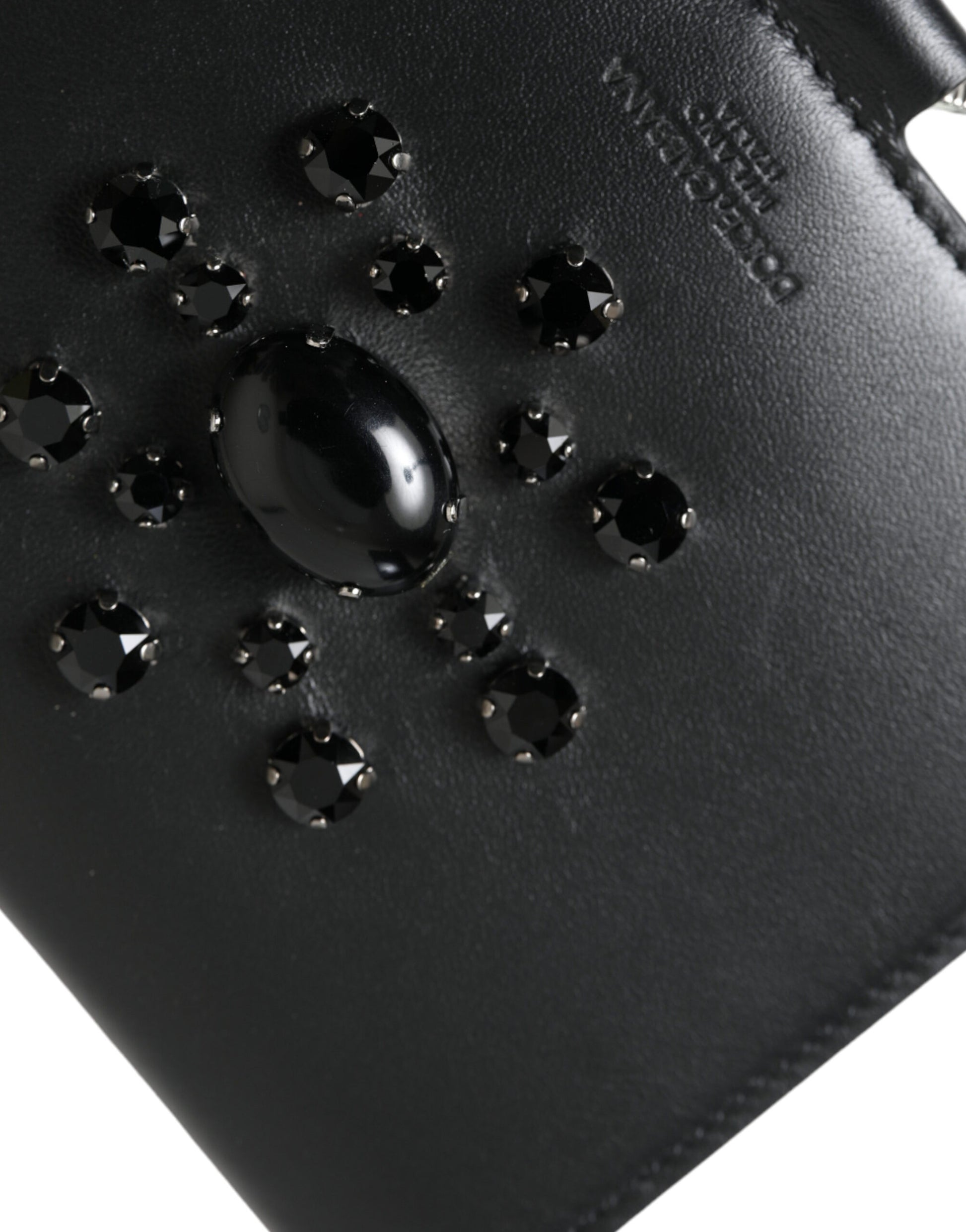 Dolce & Gabbana Black Leather Crystal Embellished Card Holder Wallet Curated Luxury Accessories by Orvyn
