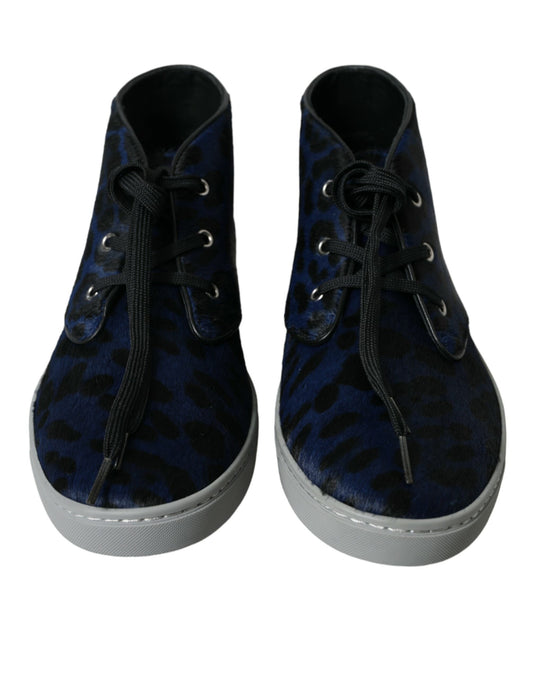Dolce & Gabbana Blue Calfskin Leopard Mid Top Sneakers Shoes Curated Luxury Accessories by Orvyn