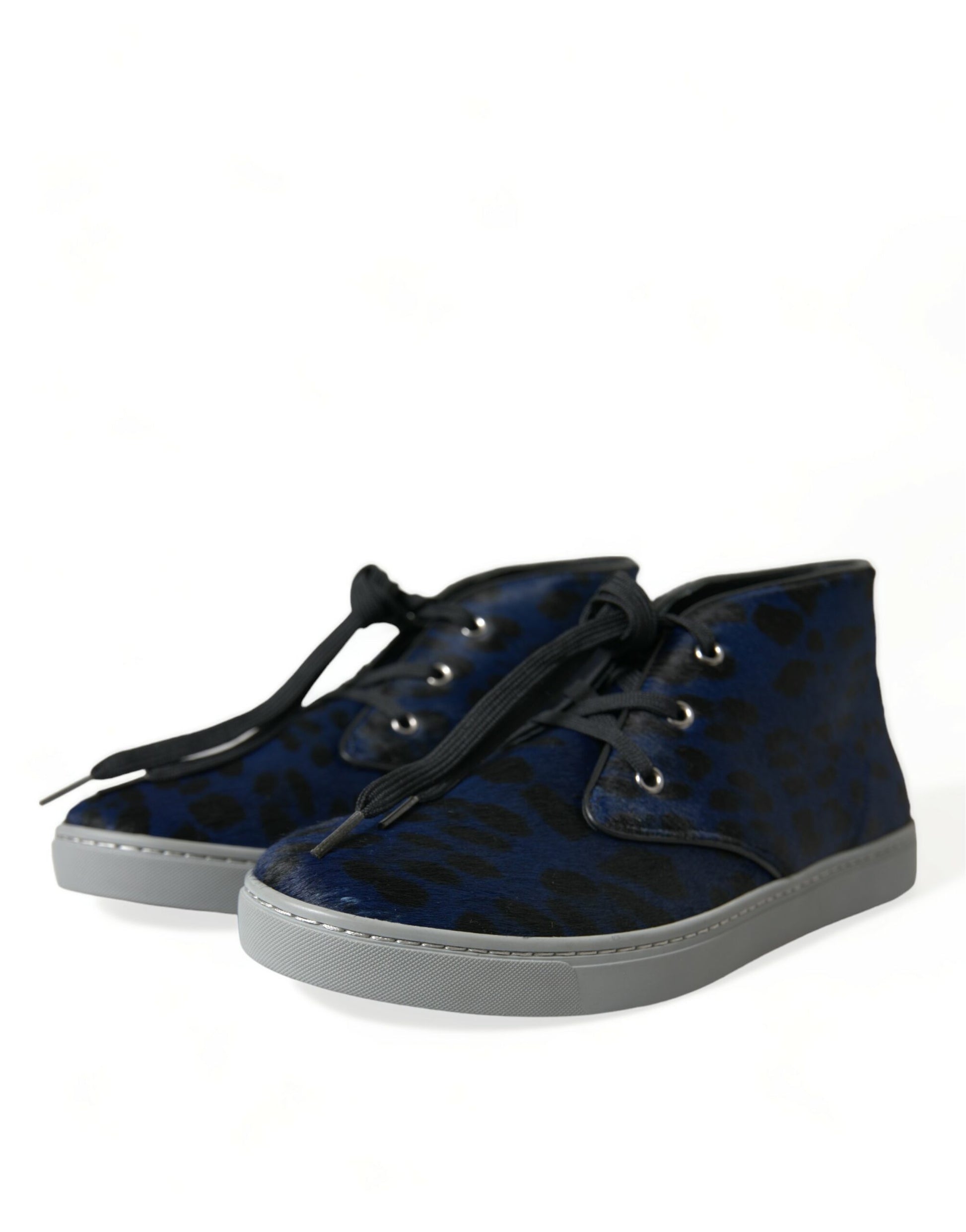 Dolce & Gabbana Blue Calfskin Leopard Mid Top Sneakers Shoes Curated Luxury Accessories by Orvyn