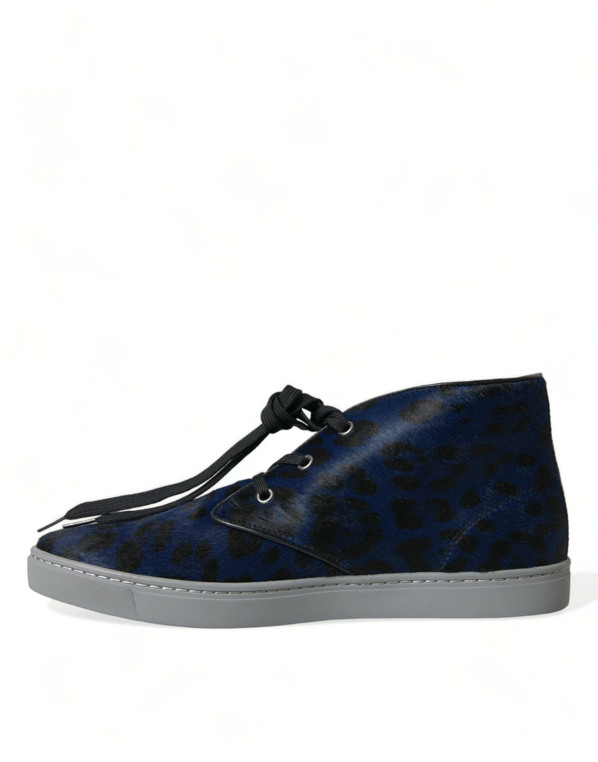 Dolce & Gabbana Blue Calfskin Leopard Mid Top Sneakers Shoes Curated Luxury Accessories by Orvyn