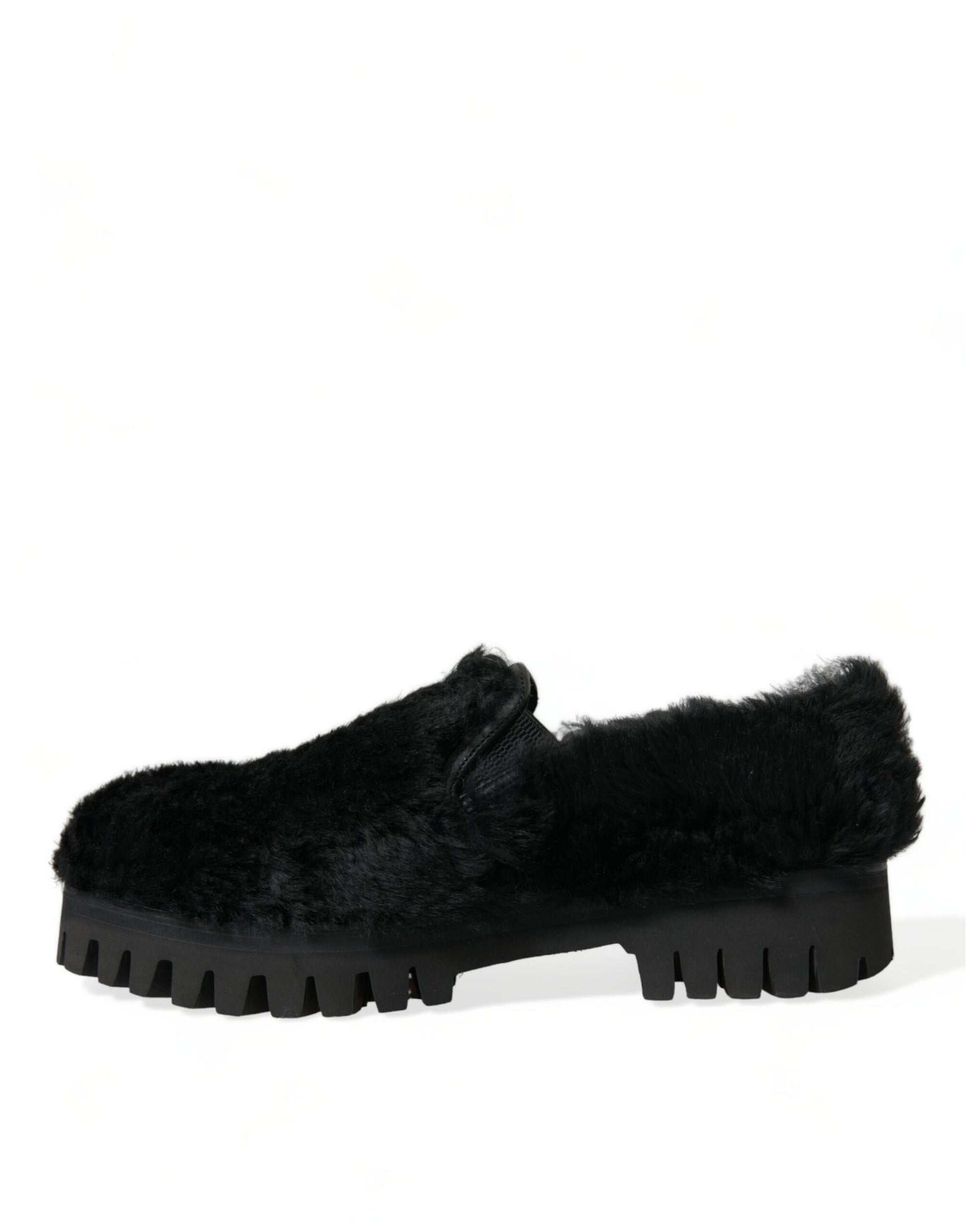 Dolce & Gabbana Black Fur Leather Slippers Dress Shoes Curated Luxury Accessories by Orvyn