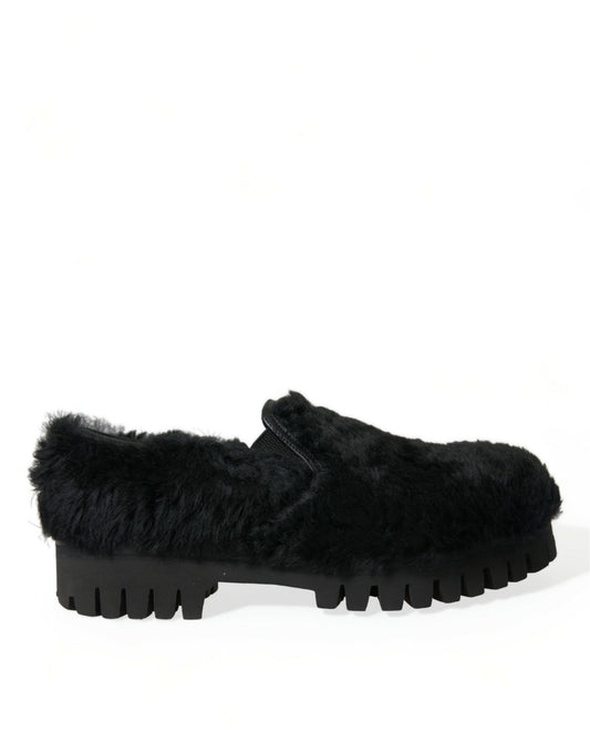 Dolce & Gabbana Black Fur Leather Slippers Dress Shoes Curated Luxury Accessories by Orvyn