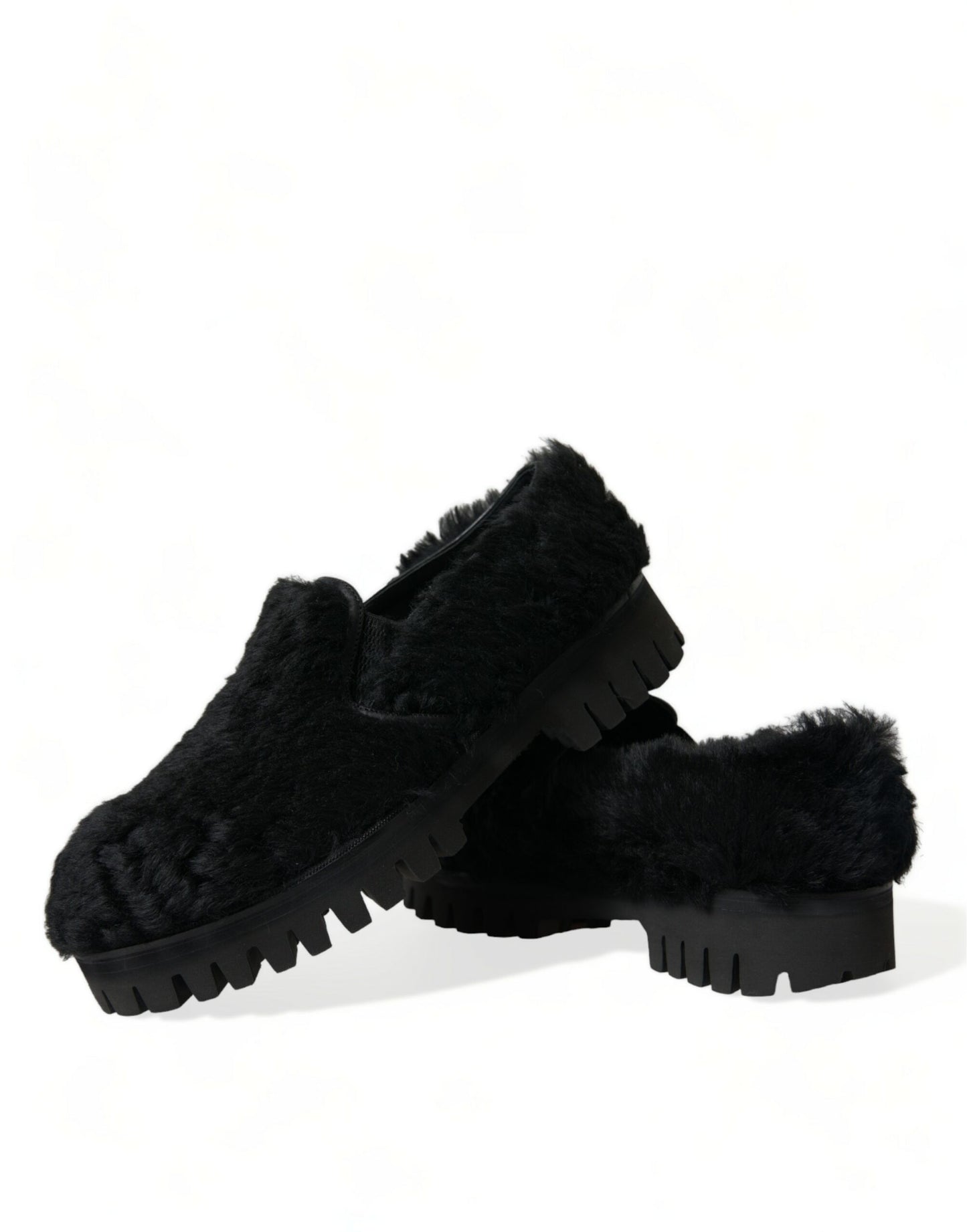 Dolce & Gabbana Black Fur Leather Slippers Dress Shoes Curated Luxury Accessories by Orvyn