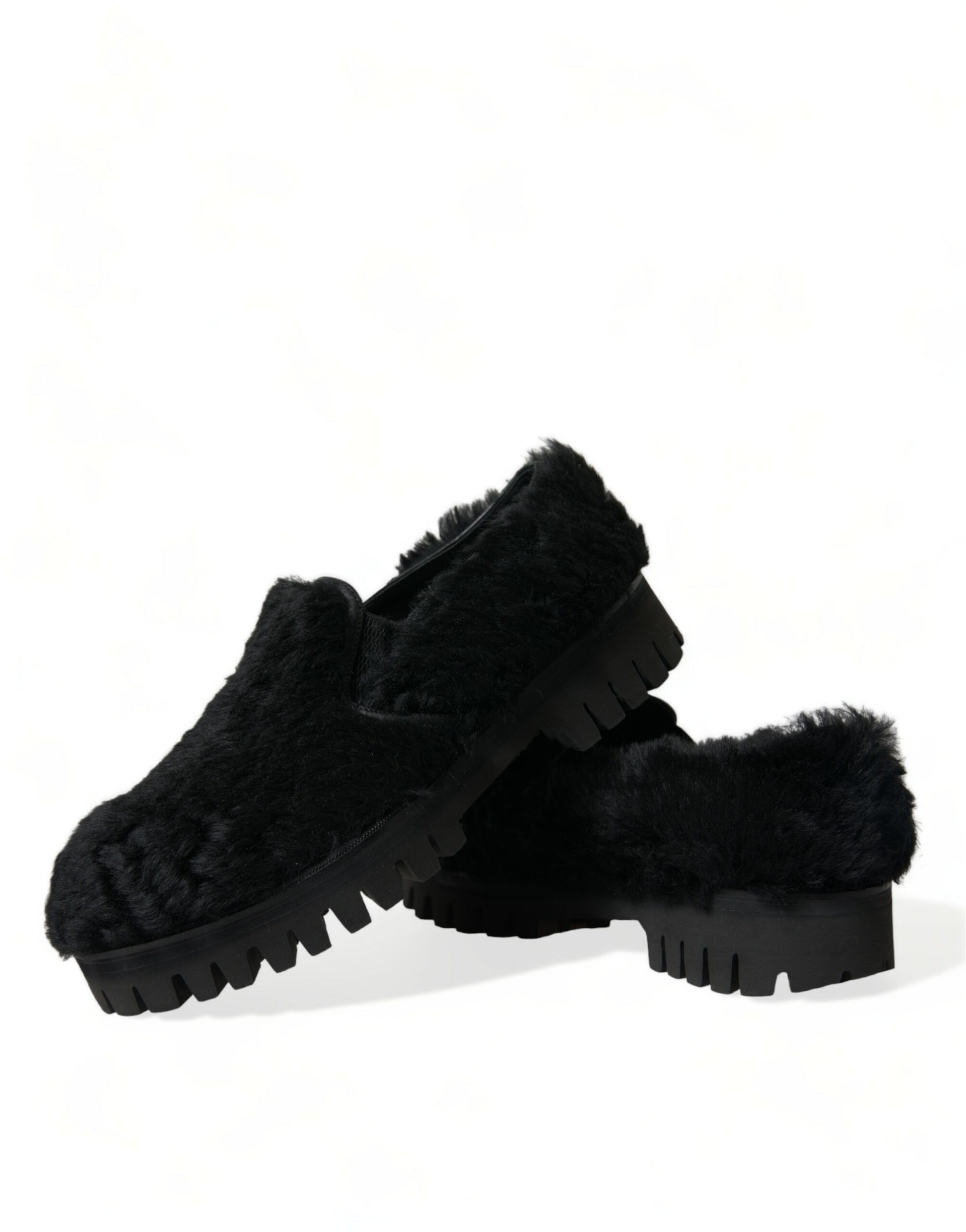 Dolce & Gabbana Black Fur Leather Slippers Dress Shoes Curated Luxury Accessories by Orvyn