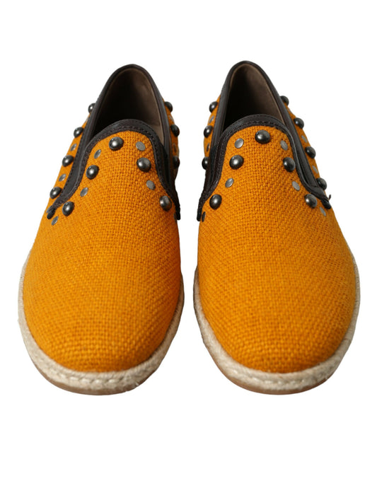 Dolce & Gabbana Orange Linen Leather Studded Loafers Shoes Curated Luxury Accessories by Orvyn