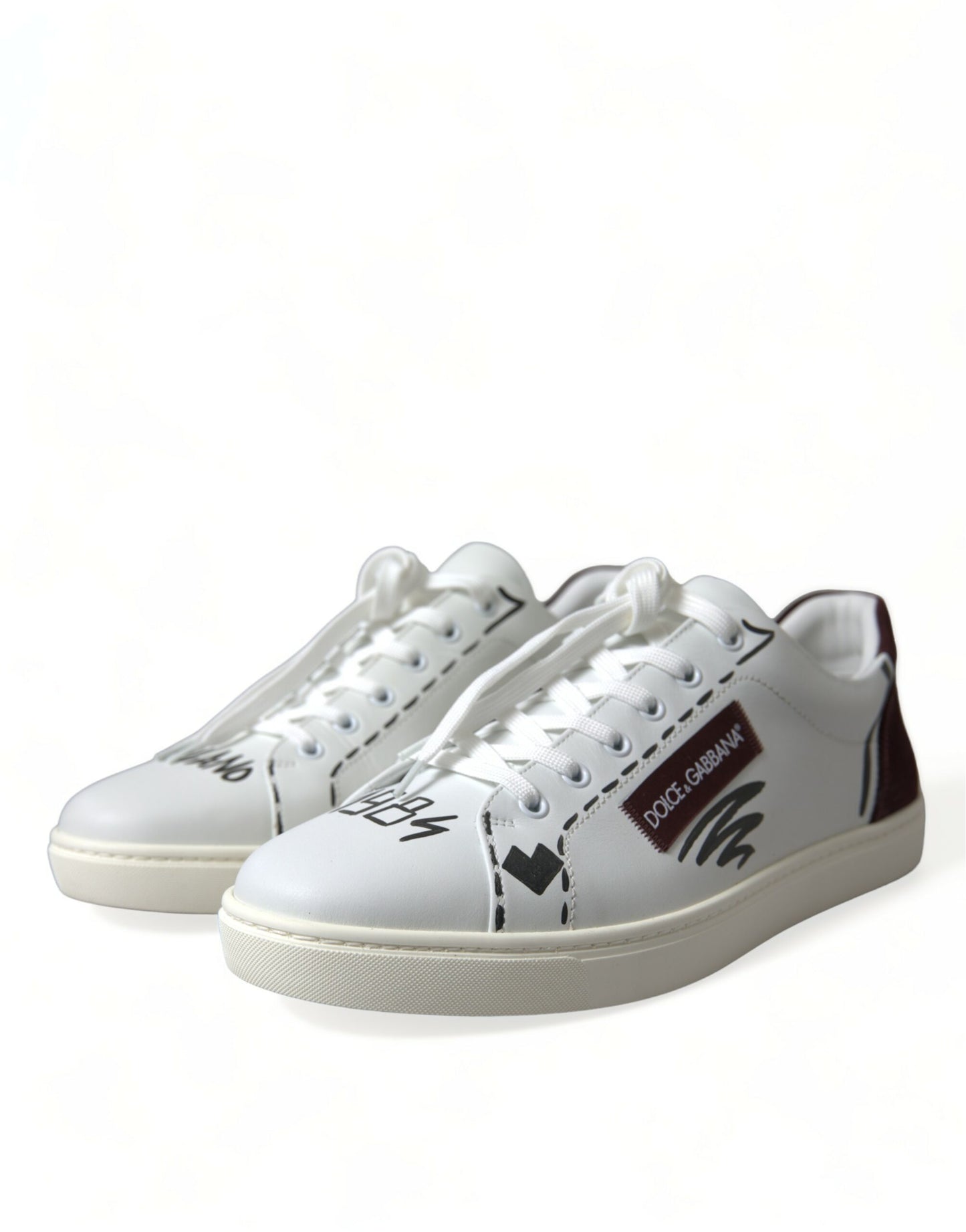 Dolce & Gabbana White Bordeaux Leather Logo Low Top Sneakers Shoes Curated Luxury Accessories by Orvyn