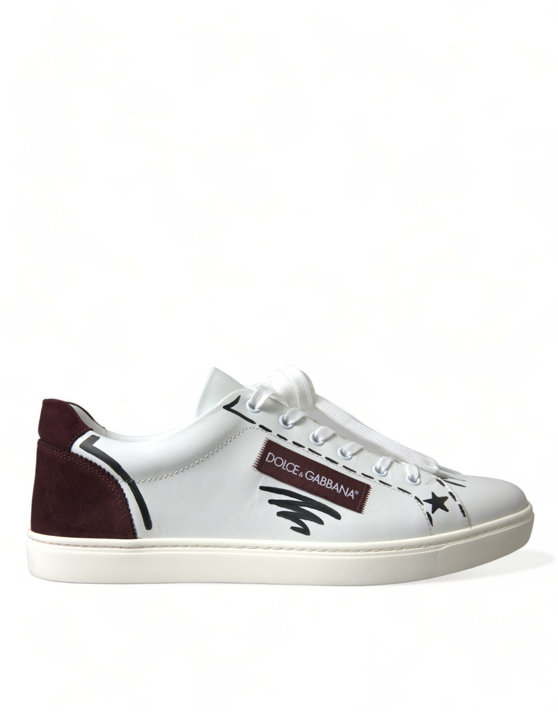 Dolce & Gabbana White Bordeaux Leather Logo Low Top Sneakers Shoes Curated Luxury Accessories by Orvyn