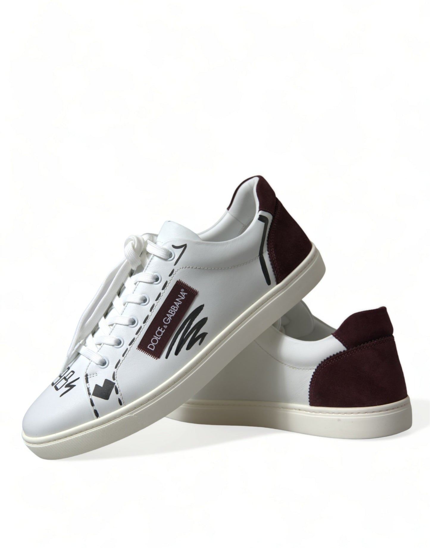Dolce & Gabbana White Bordeaux Leather Logo Low Top Sneakers Shoes Curated Luxury Accessories by Orvyn