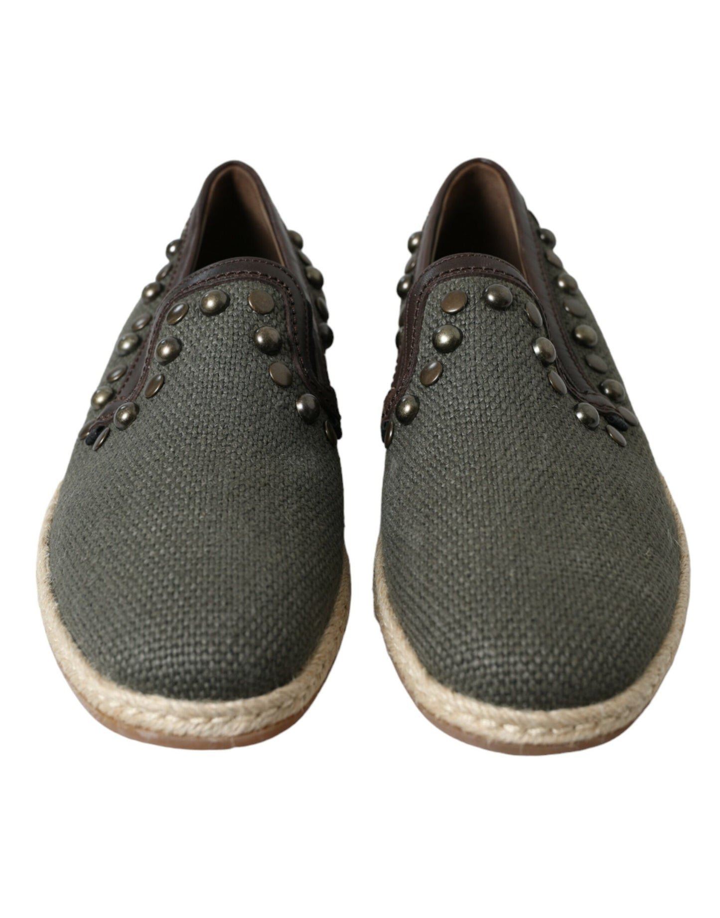 Dolce & Gabbana Gray Linen Leather Studded Loafers Shoes Curated Luxury Accessories by Orvyn
