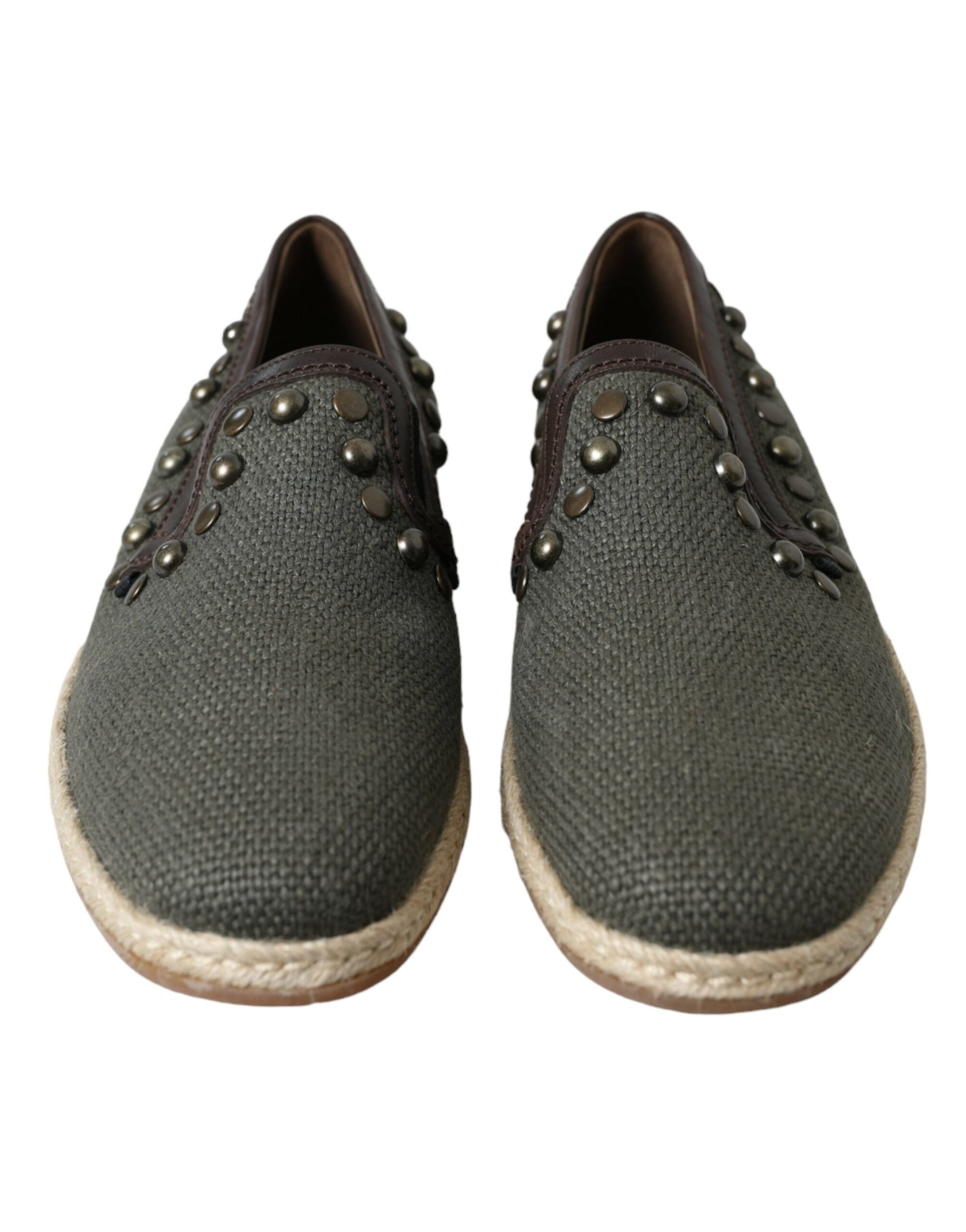 Dolce & Gabbana Gray Linen Leather Studded Loafers Shoes Curated Luxury Accessories by Orvyn