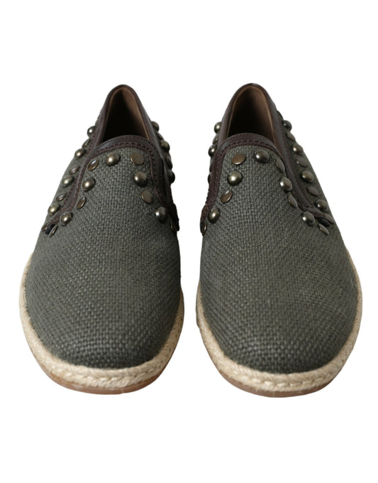 Dolce & Gabbana Gray Linen Leather Studded Loafers Shoes Curated Luxury Accessories by Orvyn