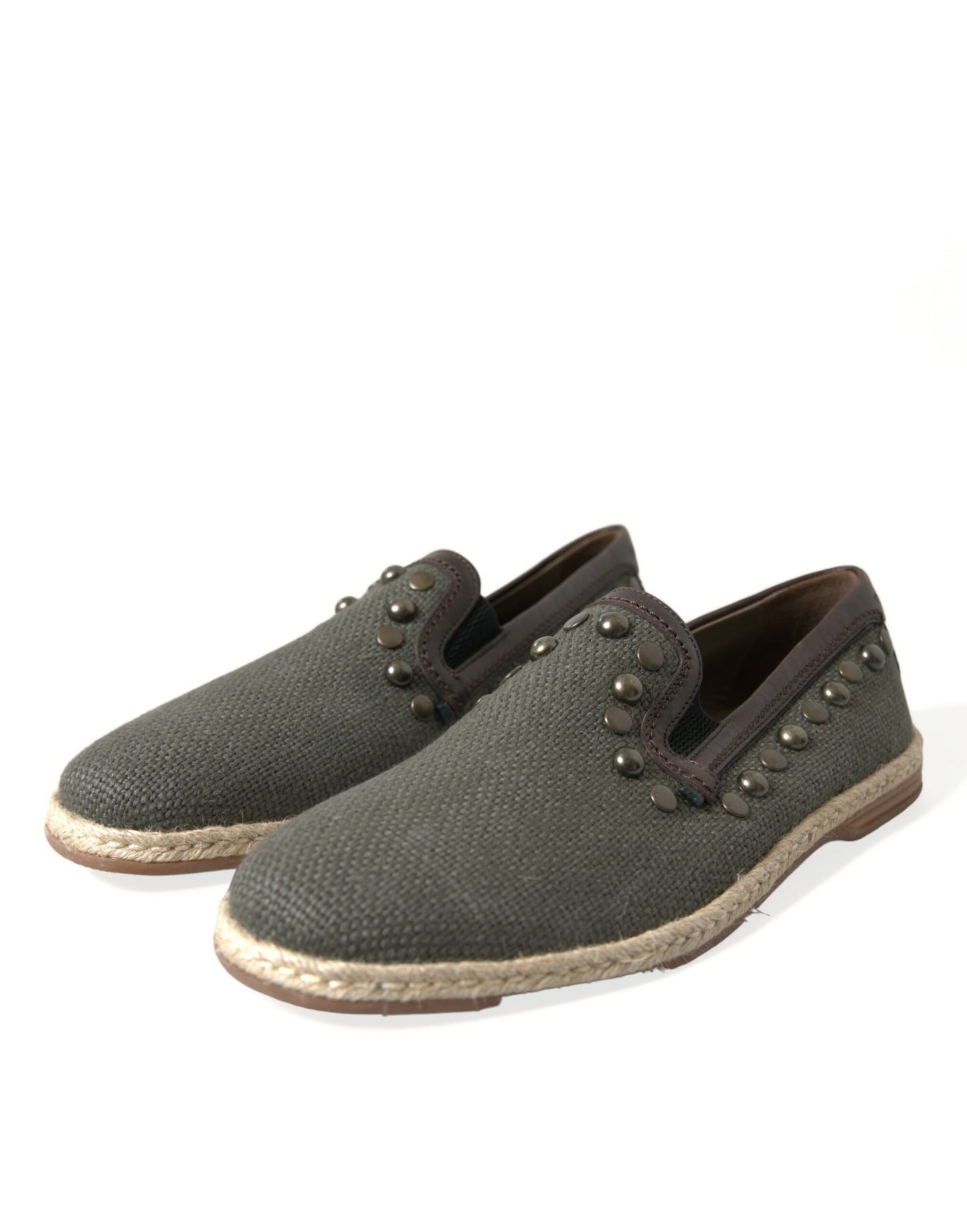 Dolce & Gabbana Gray Linen Leather Studded Loafers Shoes Curated Luxury Accessories by Orvyn