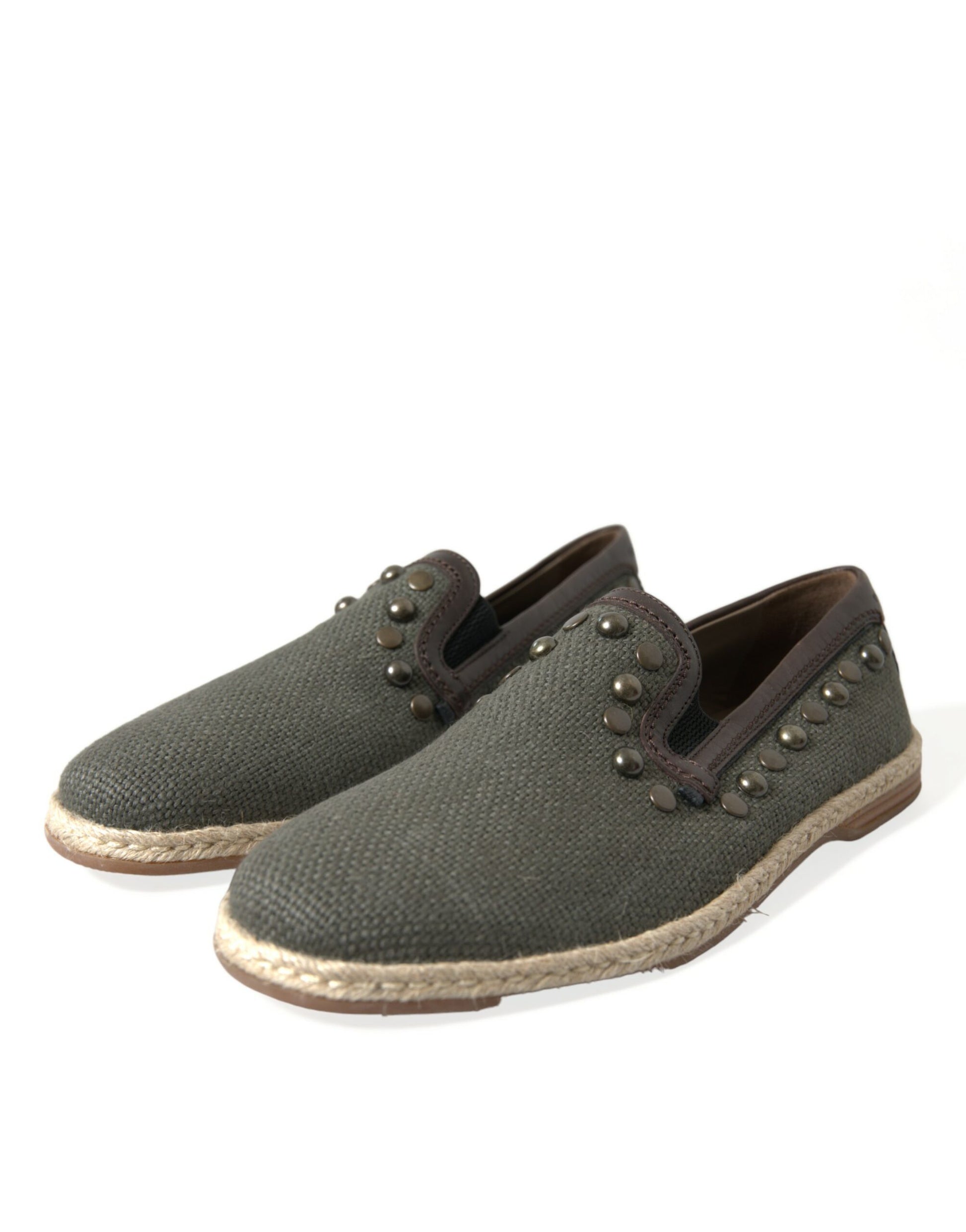 Dolce & Gabbana Gray Linen Leather Studded Loafers Shoes Curated Luxury Accessories by Orvyn