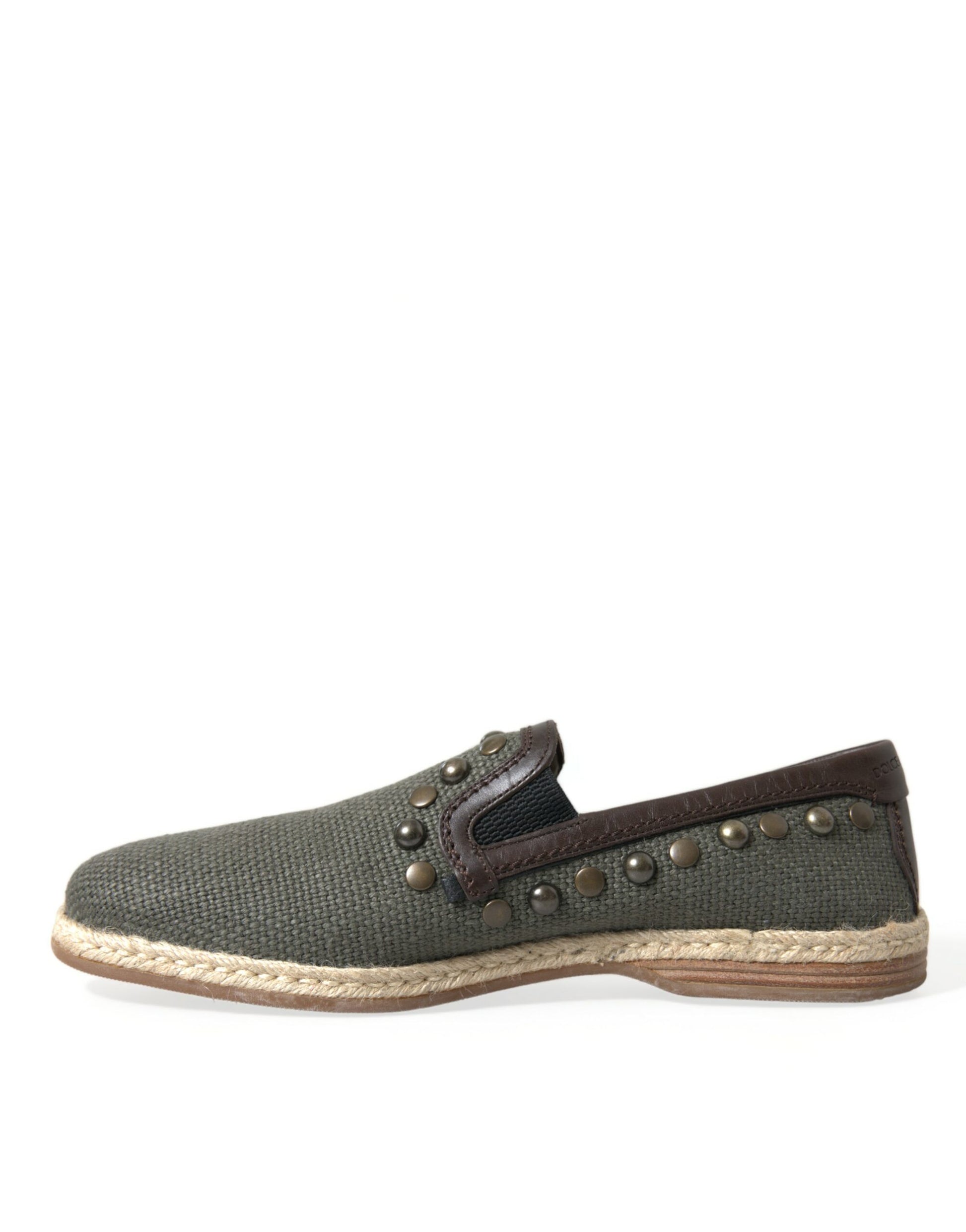 Dolce & Gabbana Gray Linen Leather Studded Loafers Shoes Curated Luxury Accessories by Orvyn