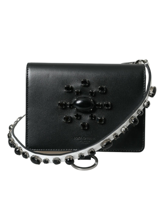 Dolce & Gabbana Black White Leather Crystal Embellished Cardholder Wallet Curated Luxury Accessories by Orvyn
