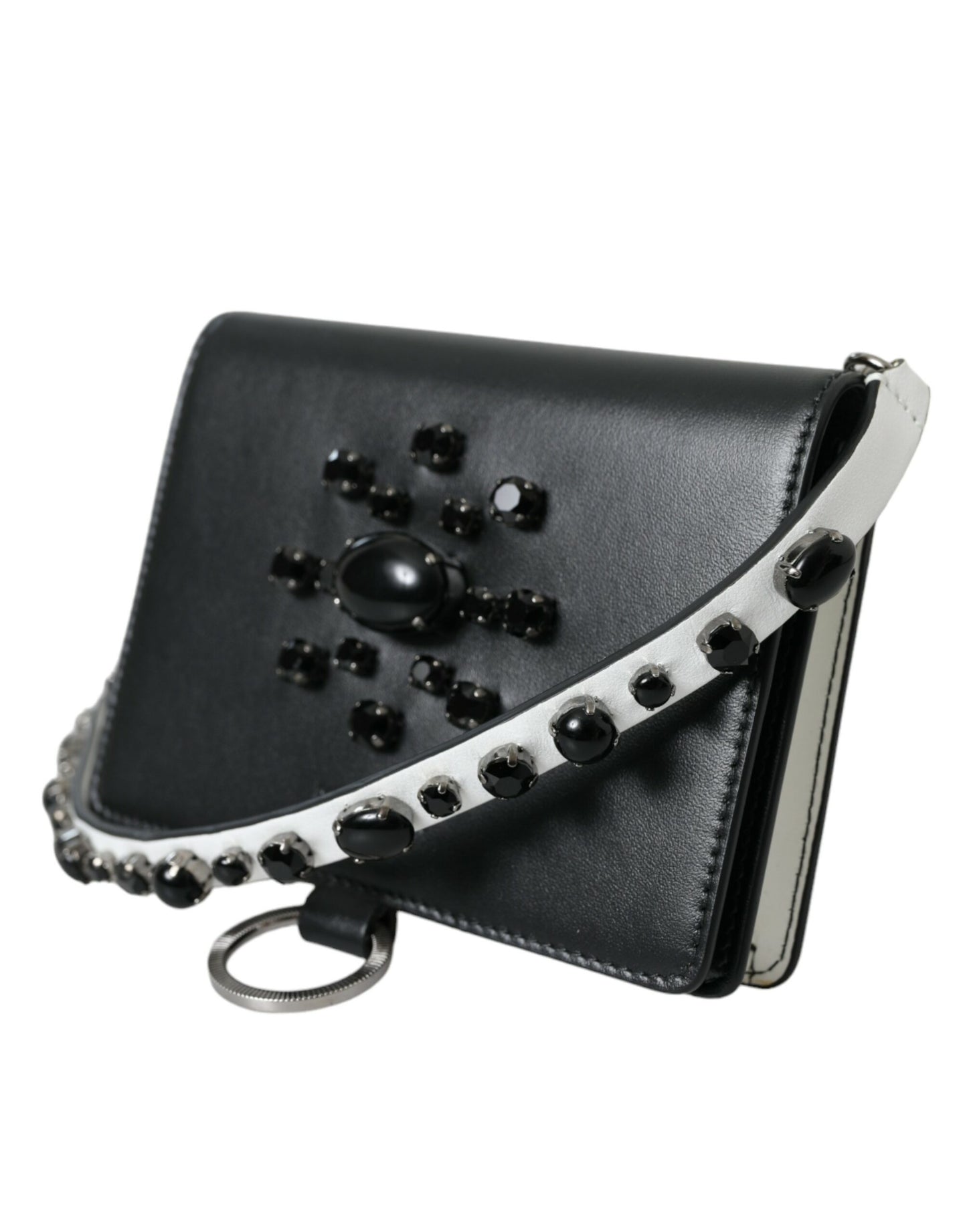 Dolce & Gabbana Black White Leather Crystal Embellished Cardholder Wallet Curated Luxury Accessories by Orvyn