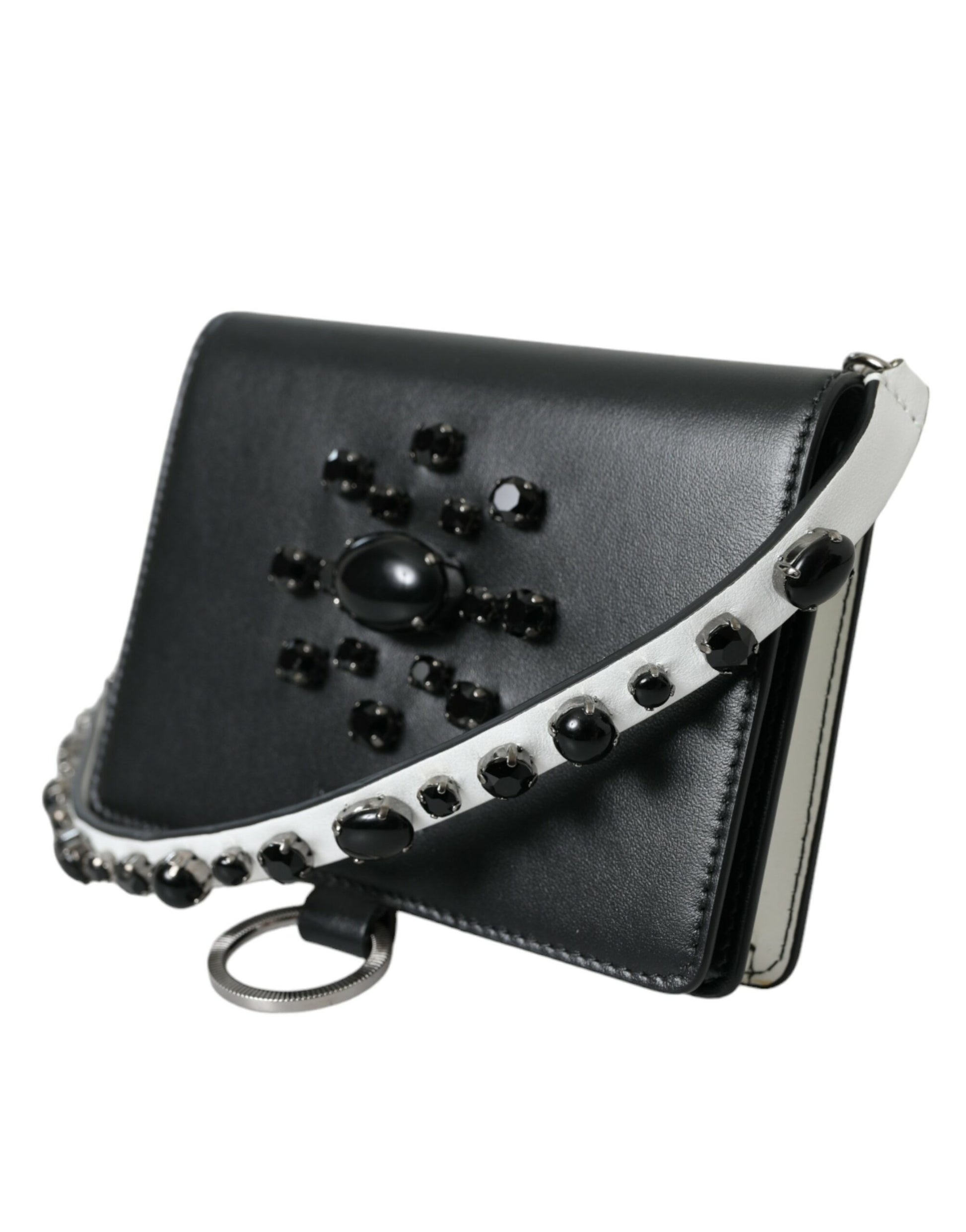 Dolce & Gabbana Black White Leather Crystal Embellished Cardholder Wallet Curated Luxury Accessories by Orvyn