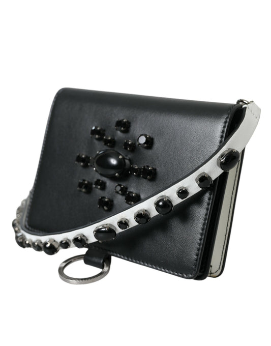 Dolce & Gabbana Black White Leather Crystal Embellished Cardholder Wallet Curated Luxury Accessories by Orvyn