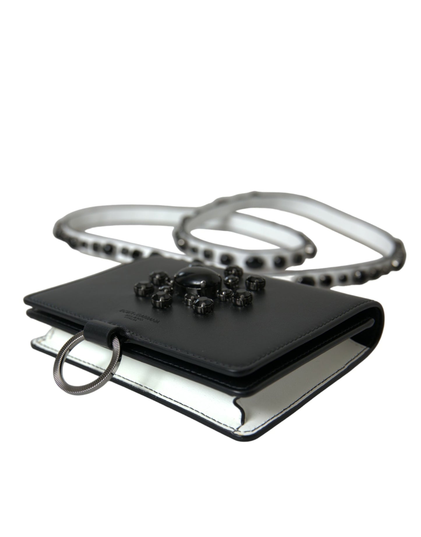 Dolce & Gabbana Black White Leather Crystal Embellished Cardholder Wallet Curated Luxury Accessories by Orvyn